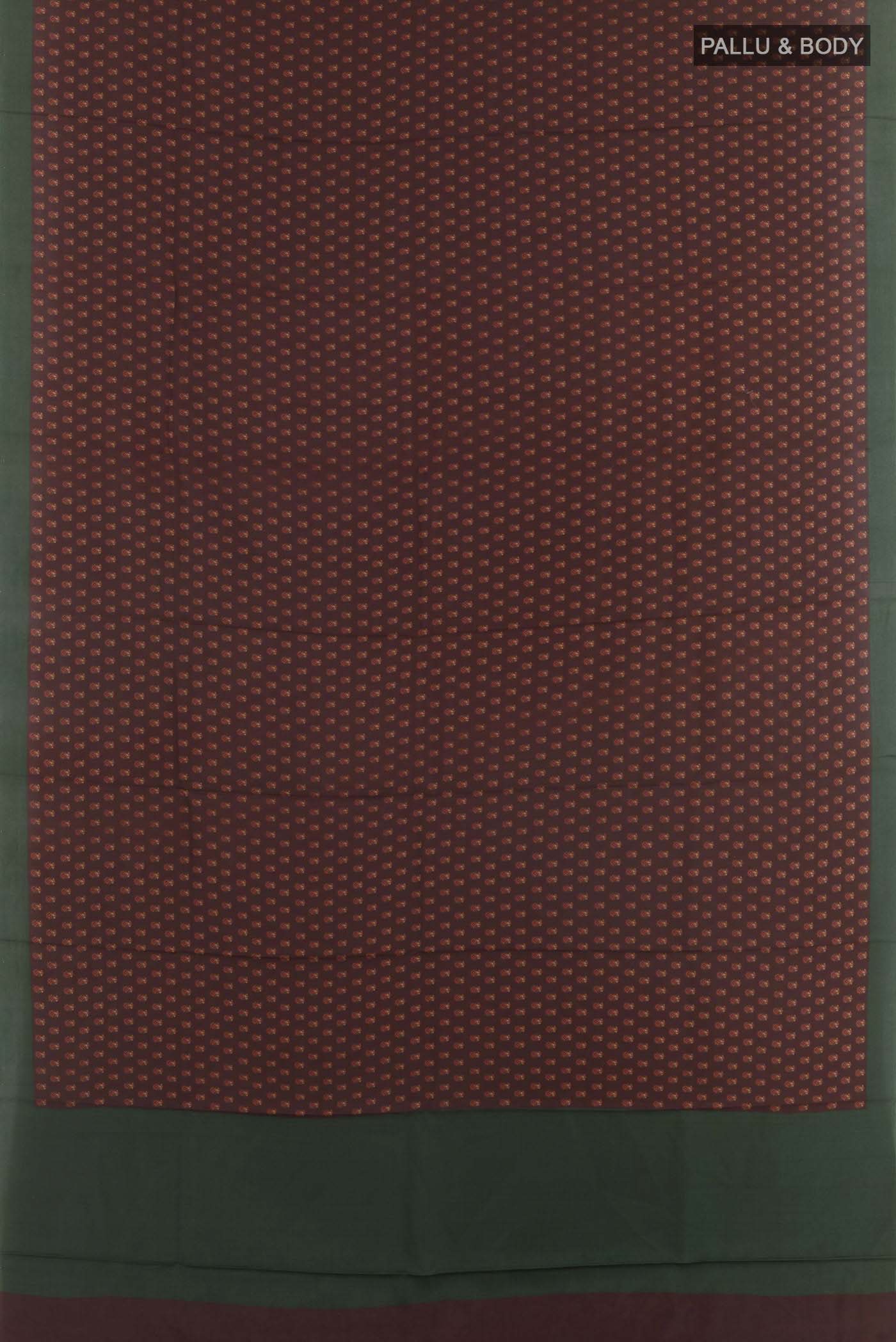 Flat view of Brown Printed Silk Saree with Printed design on the body and Plain Border. 