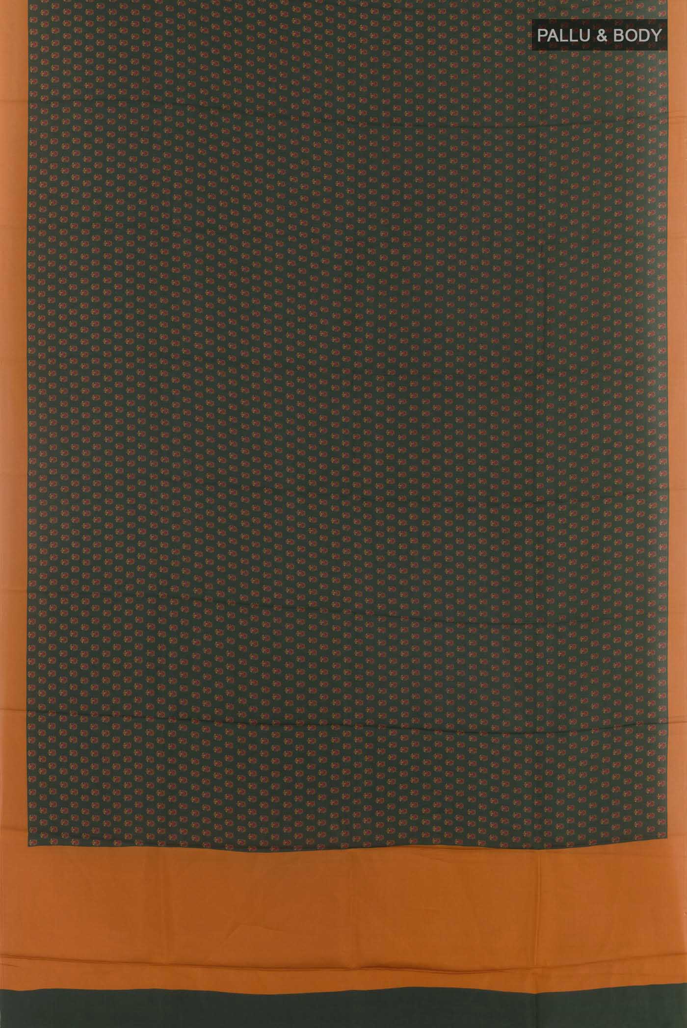 Flat view of Bottle Green Printed Silk Saree with Printed design on the body and Plain Border. 