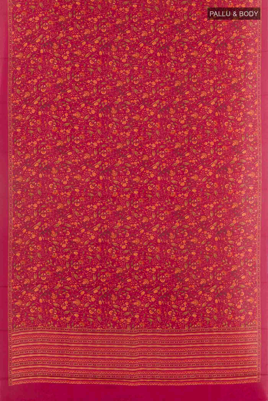 Flat view of Pink Printed Silk Saree with Printed design on the body and Plain Border. 