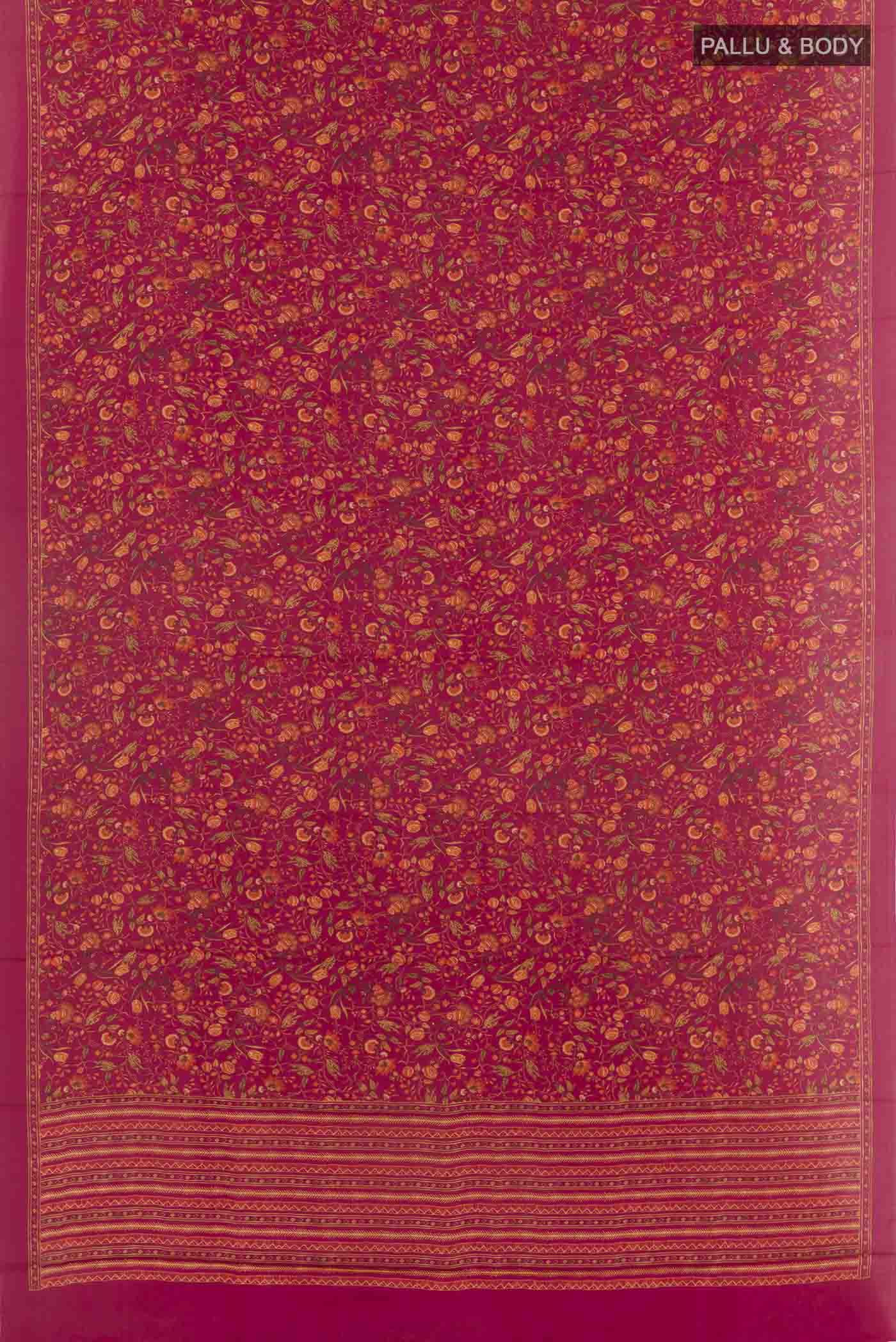 Flat view of Pink Printed Silk Saree with Printed design on the body and Plain Border. 