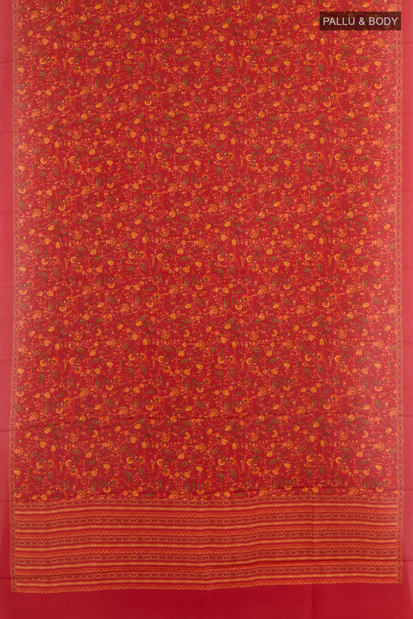 Flat view of Red Printed Silk Saree with Printed design on the body and Printed Border. 