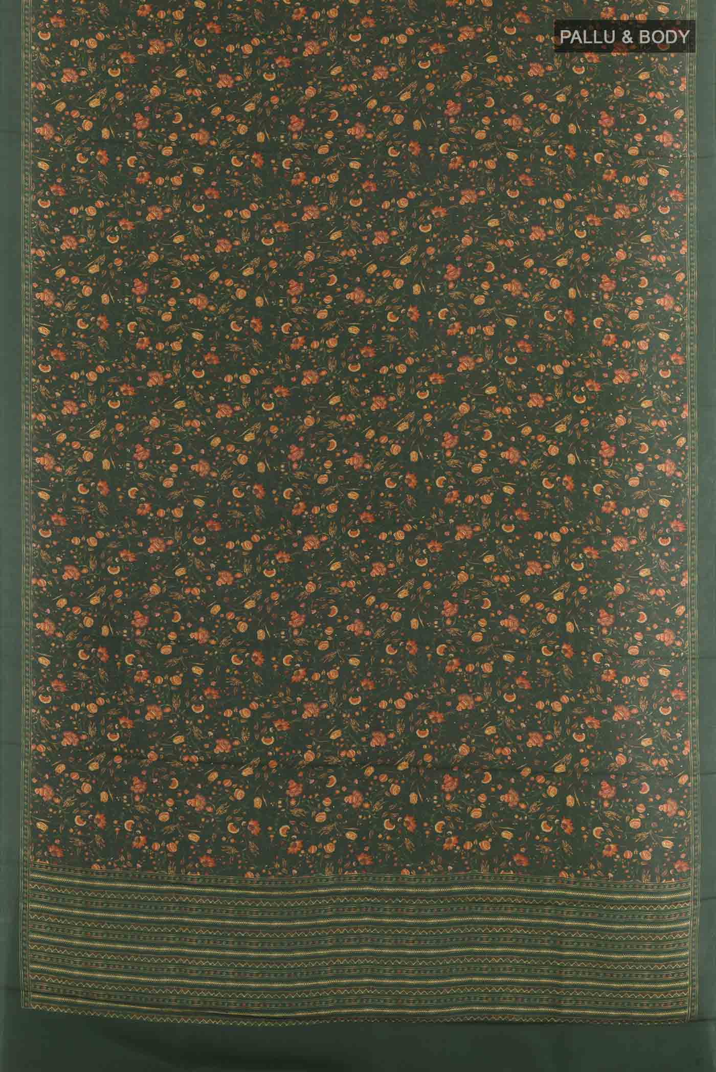 Flat view of Green Printed Silk Saree with Printed design on the body and Plain Border. 