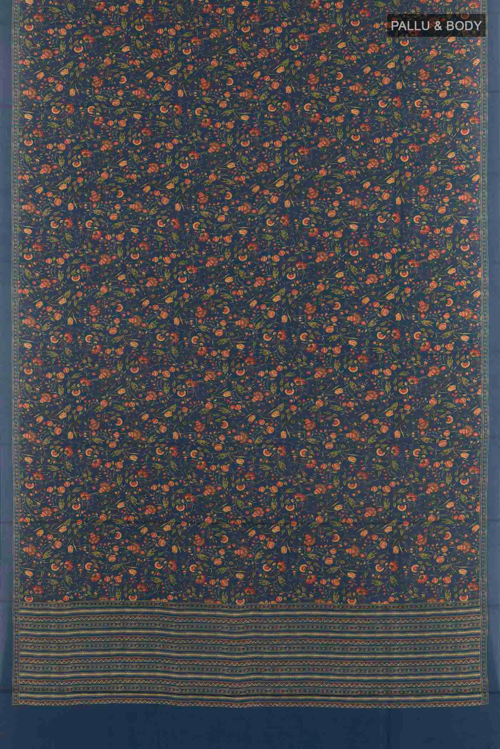 Flat view of Blue Printed Silk Saree with Printed design on the body and Plain Border. 