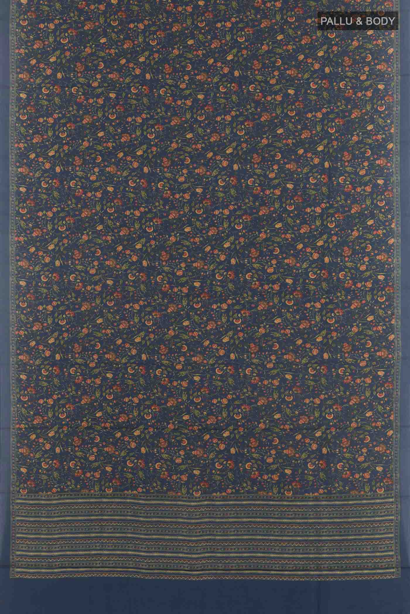 Flat view of Blue Printed Silk Saree with Printed design on the body and Plain Border. 