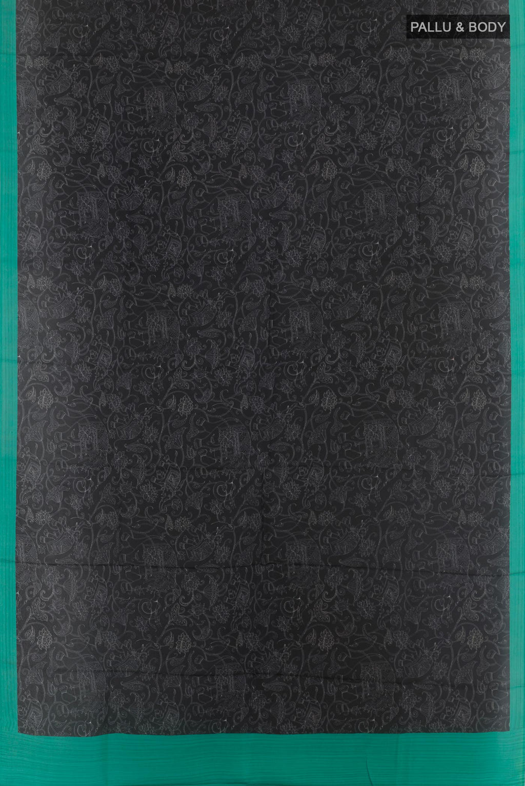 Flat view of Black Printed Silk Saree with Printed design on the body and Printed Border. 