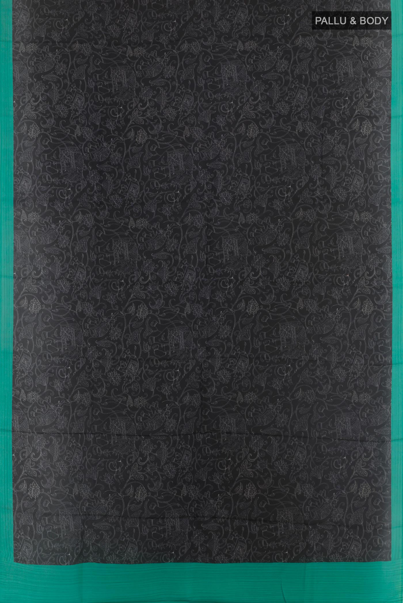 Flat view of Black Printed Silk Saree with Printed design on the body and Printed Border. 