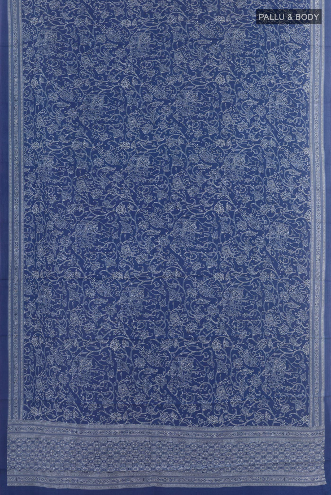 Flat view of Blue Printed Silk Saree with Printed design on the body and Printed Border. 