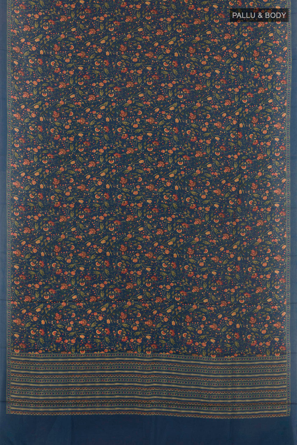 Flat view of Blue Printed Silk Saree with Printed design on the body and Plain Border. 