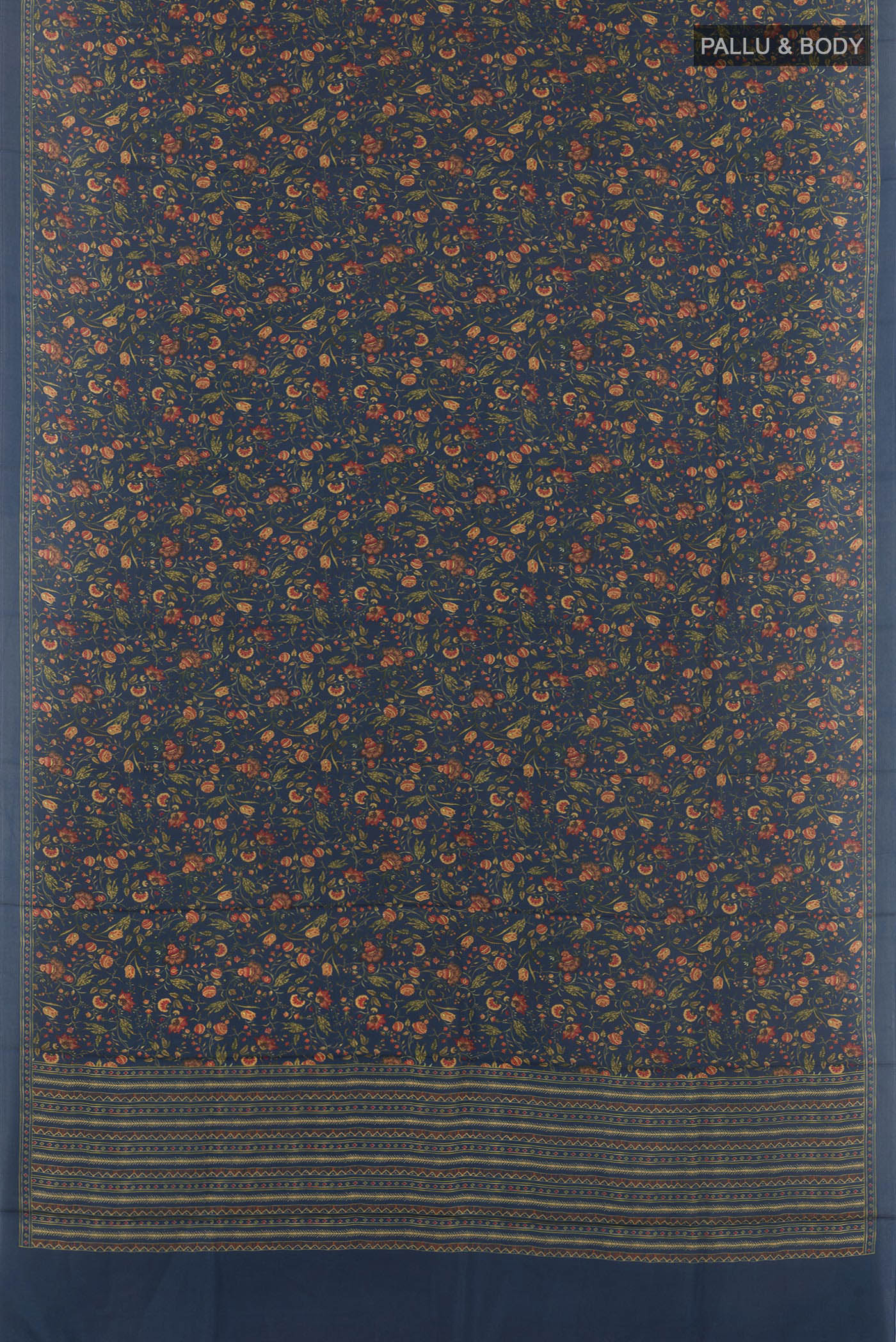 Flat view of Blue Printed Silk Saree with Printed design on the body and Plain Border. 
