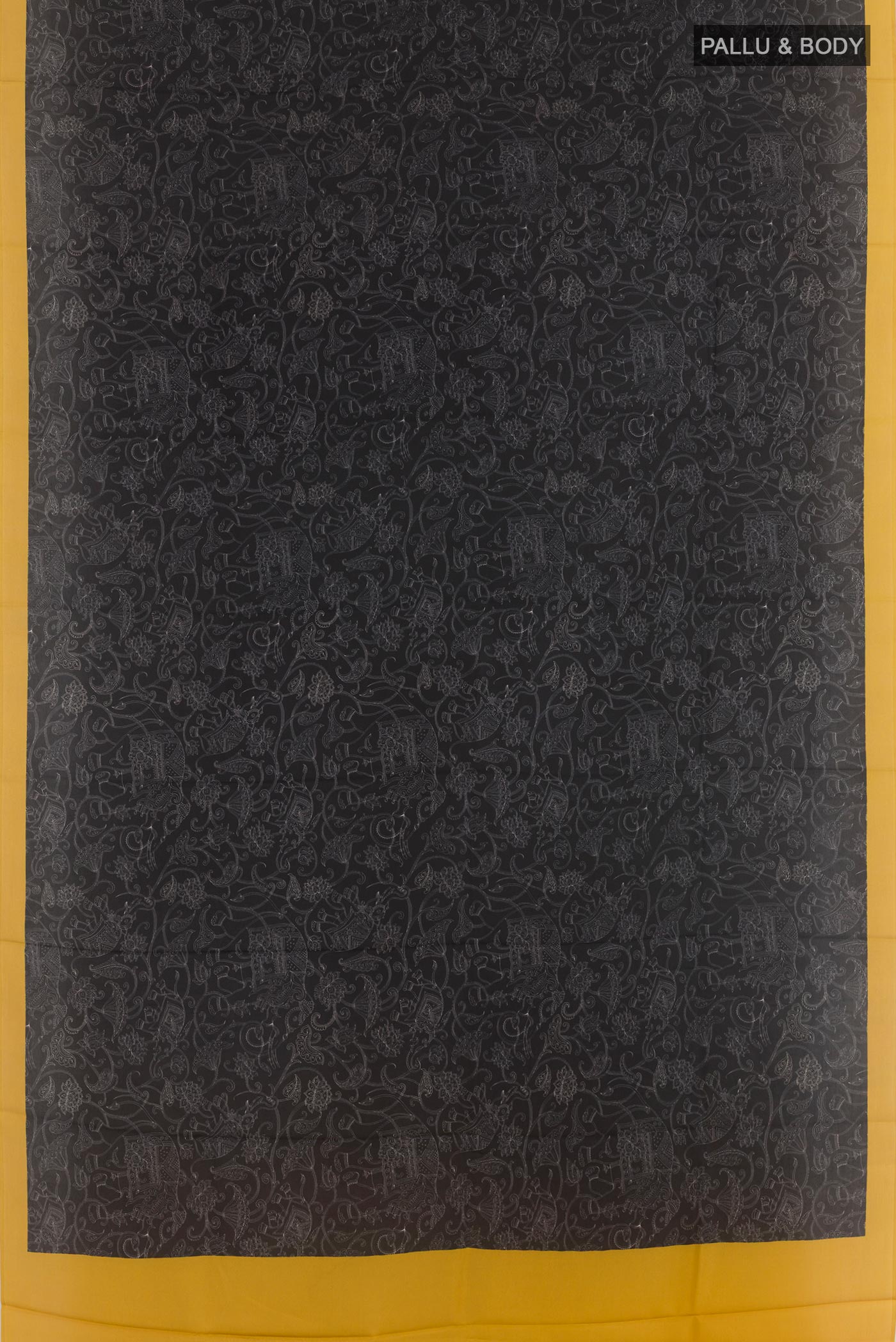 Flat view of Black Printed Silk Saree with Printed design on the body and Printed Border. 