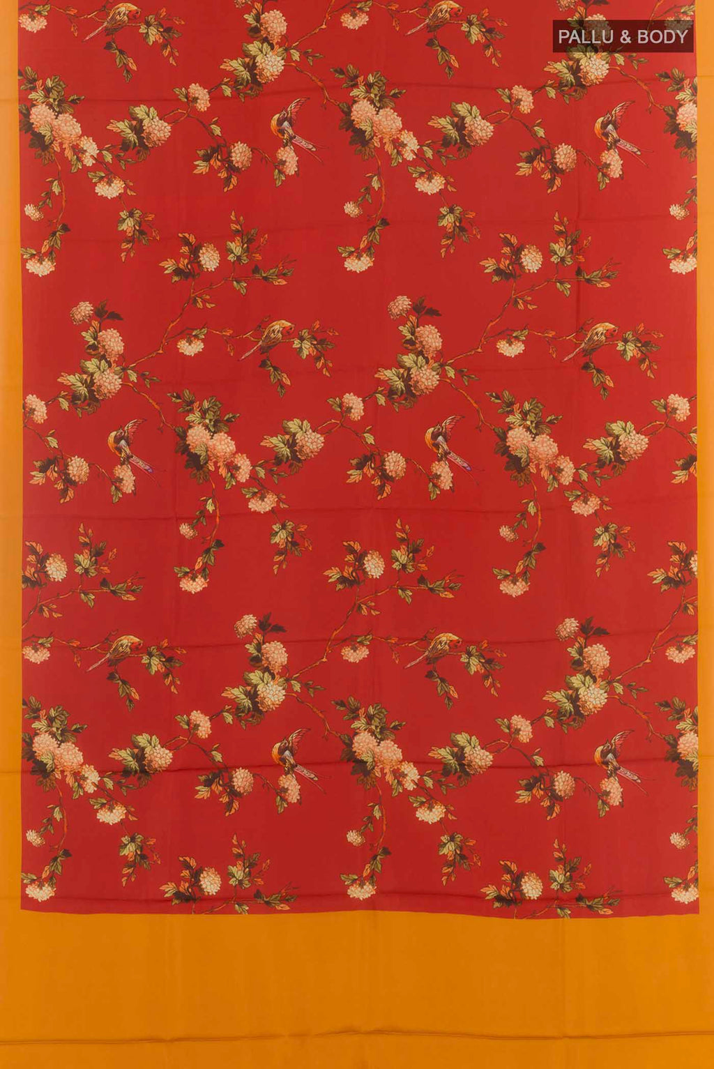 Flat view of Red Printed Silk Saree with Printed design on the body and Plain Border. 
