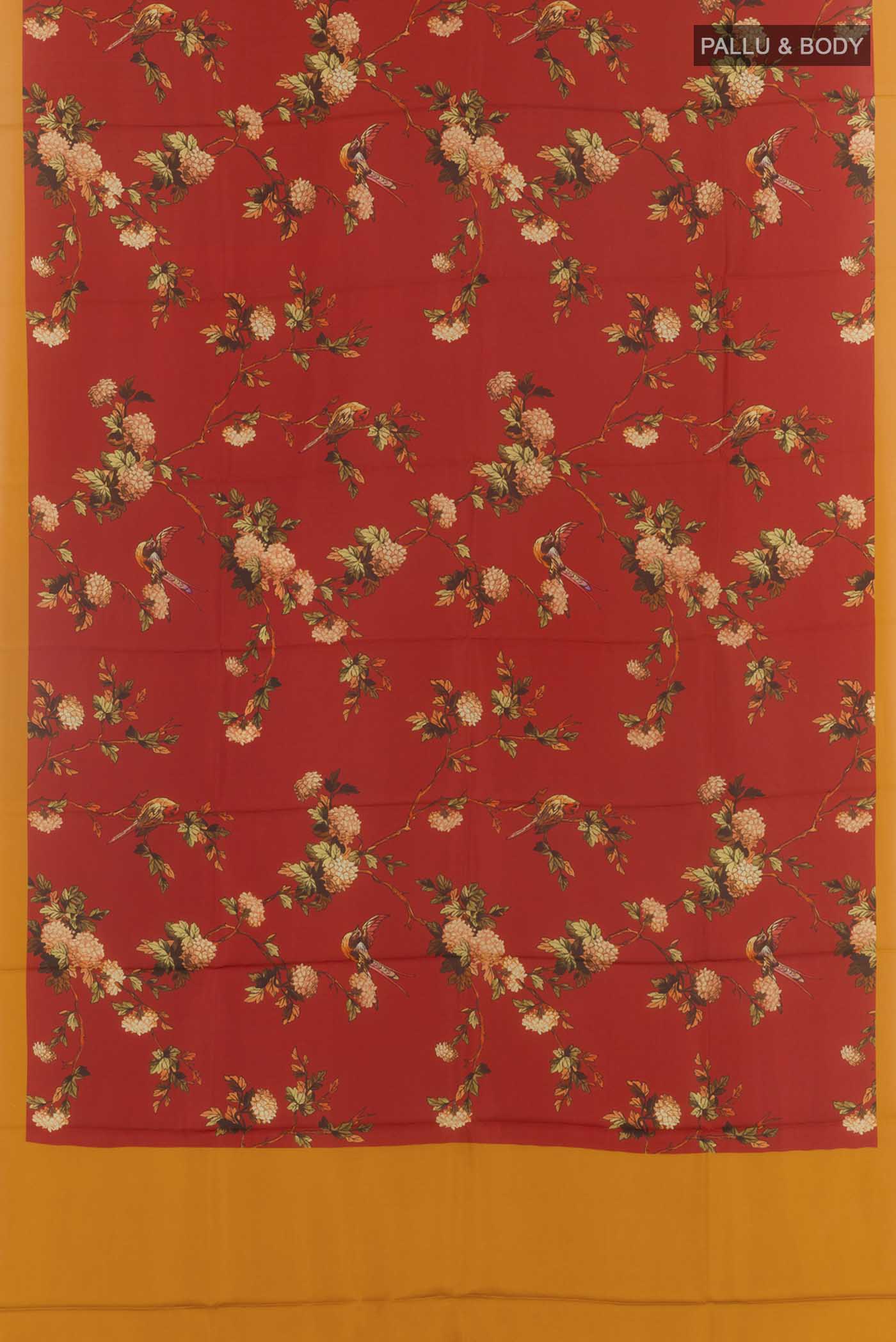 Flat view of Red Printed Silk Saree with Printed design on the body and Plain Border. 