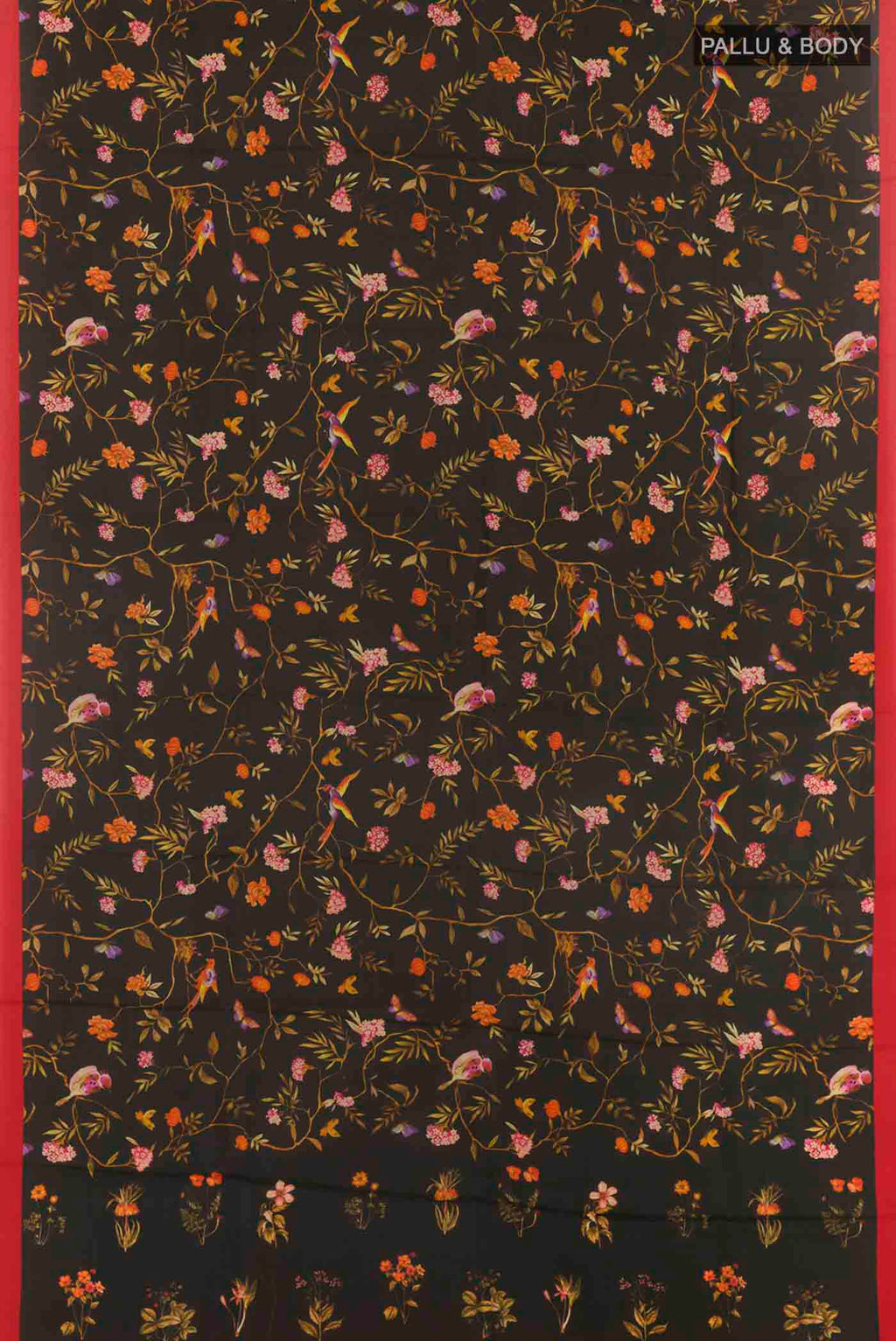 Flat view of Black Printed Silk Saree with Printed design on the body and Plain Border. 