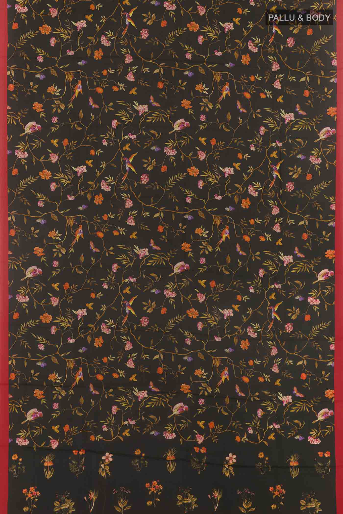 Flat view of Black Printed Silk Saree with Printed design on the body and Plain Border. 