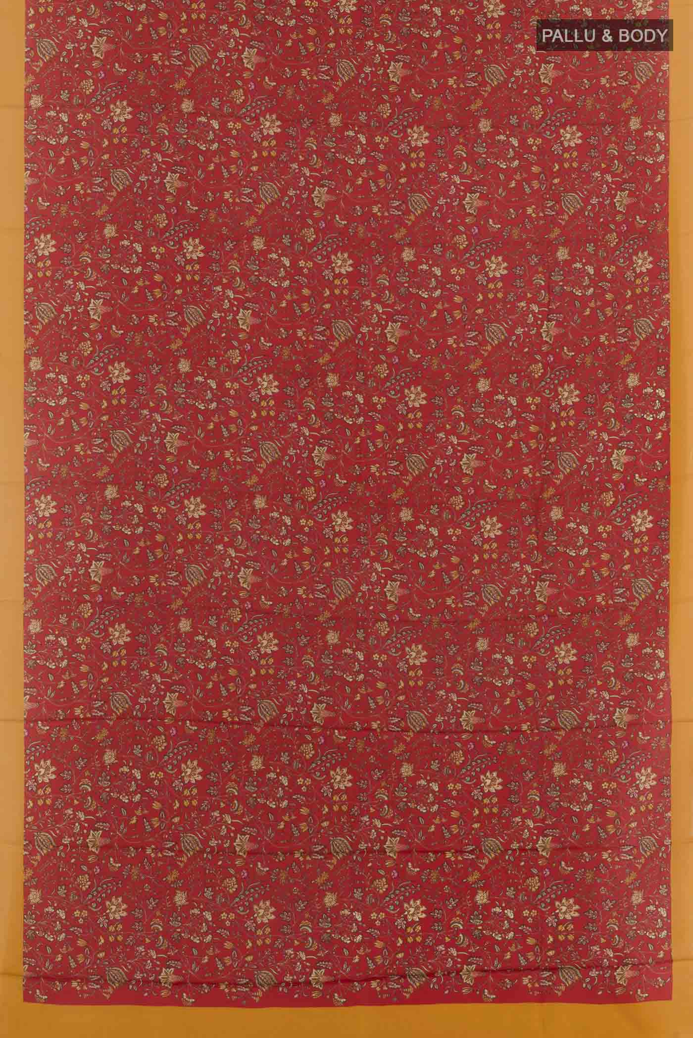 Flat view of Red Printed Silk Saree with Printed design on the body and Plain Border. 