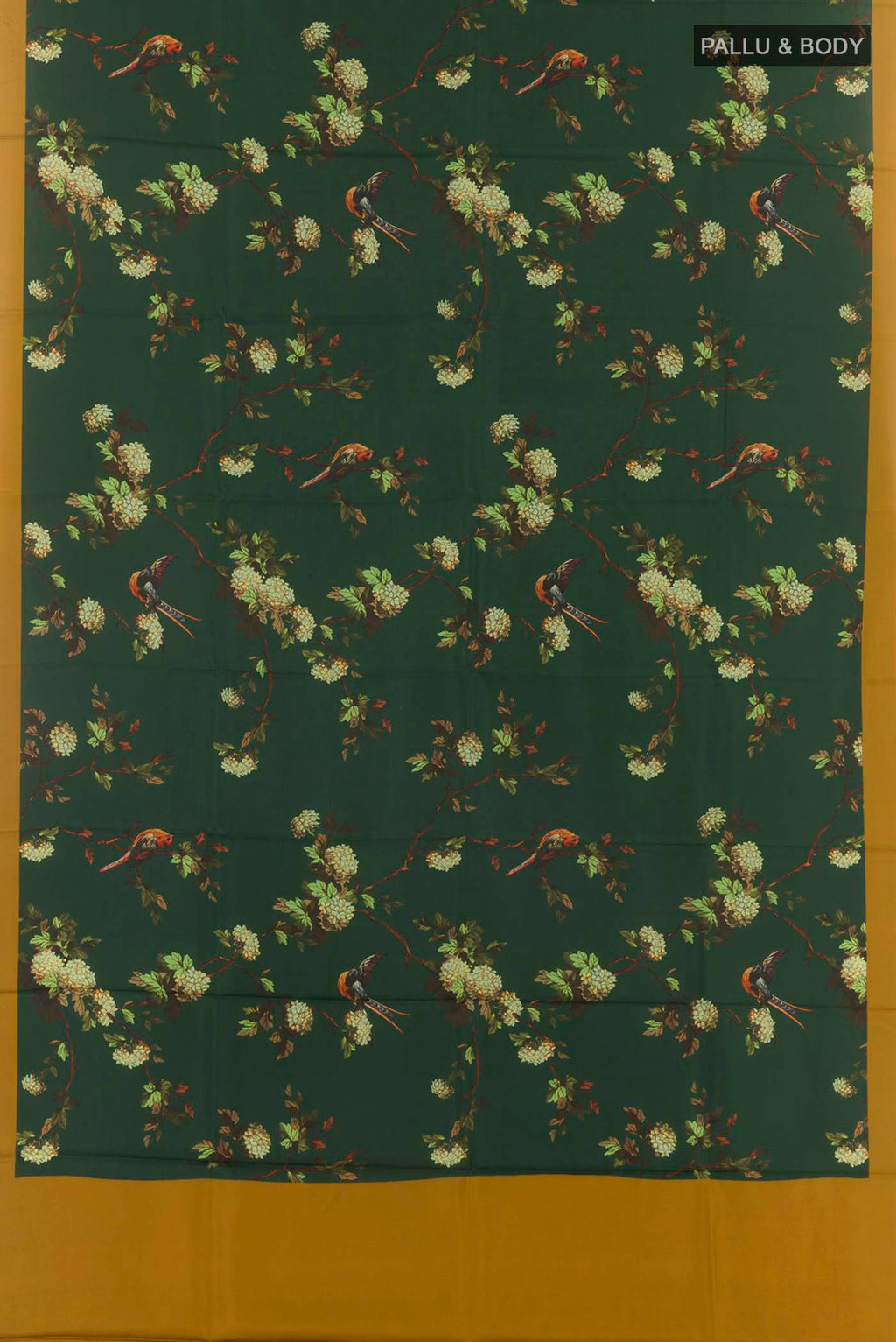 Flat view of Bottle Green Printed Silk Saree with Printed design on the body and Plain Border. 