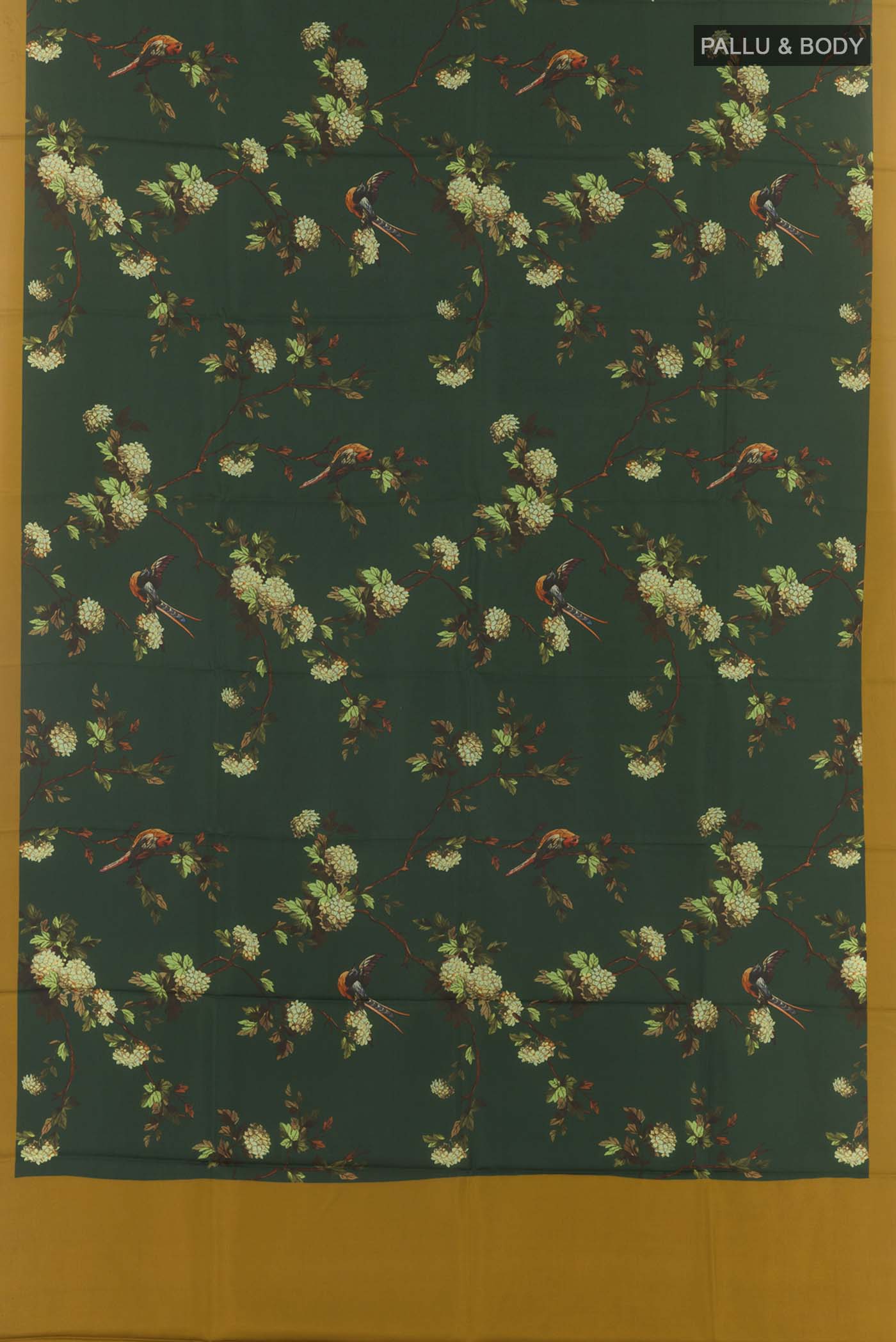 Flat view of Bottle Green Printed Silk Saree with Printed design on the body and Plain Border. 