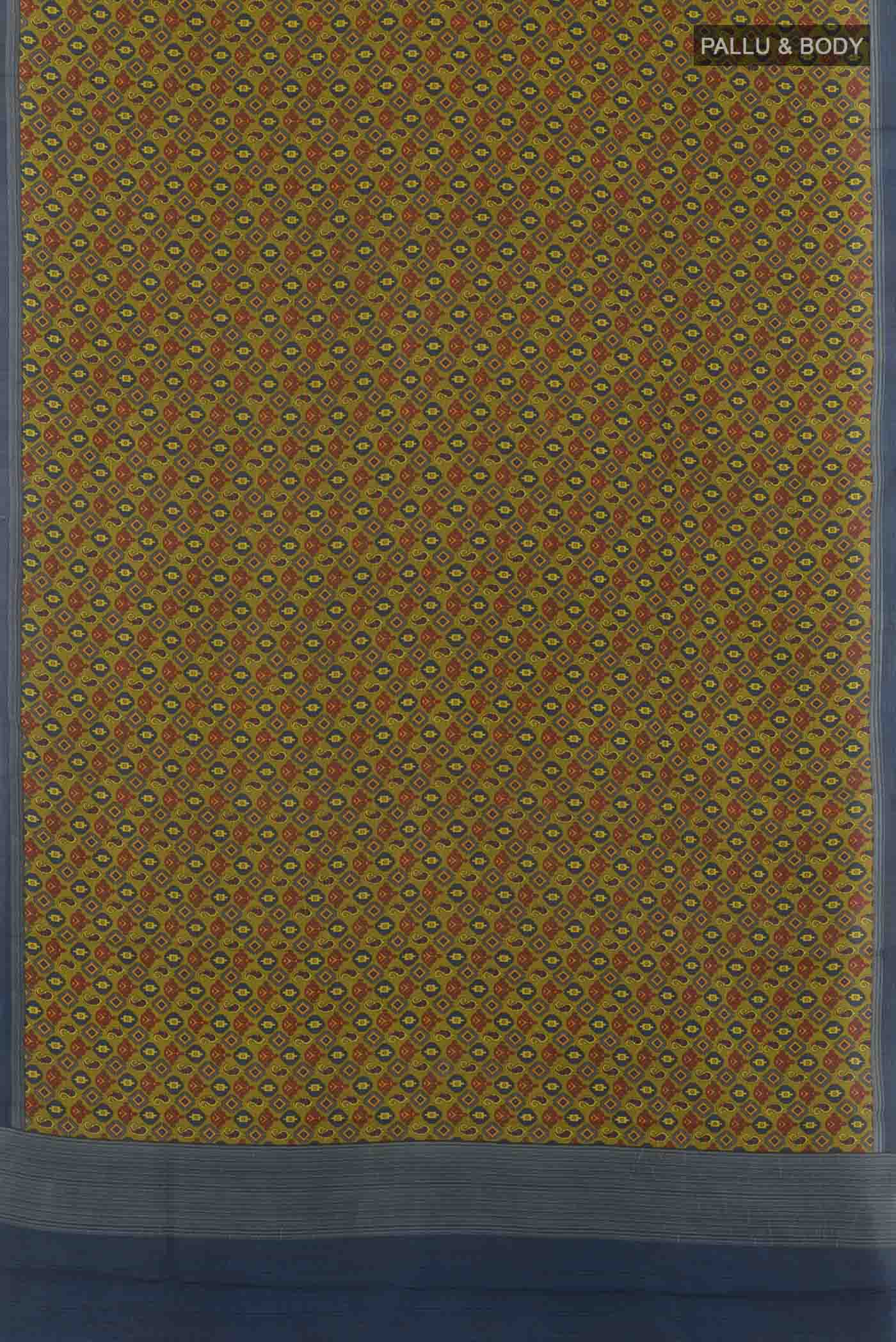 Flat view of Mehandi Green Printed Silk Saree with Printed design on the body and Printed Border. 