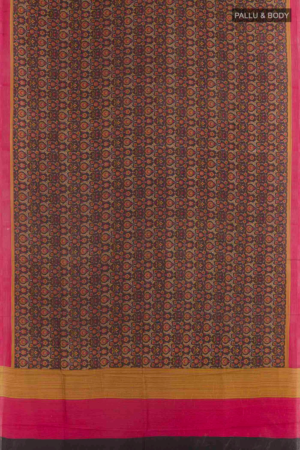 Flat view of Black Printed Silk Saree with Printed design on the body and Plain Border. 
