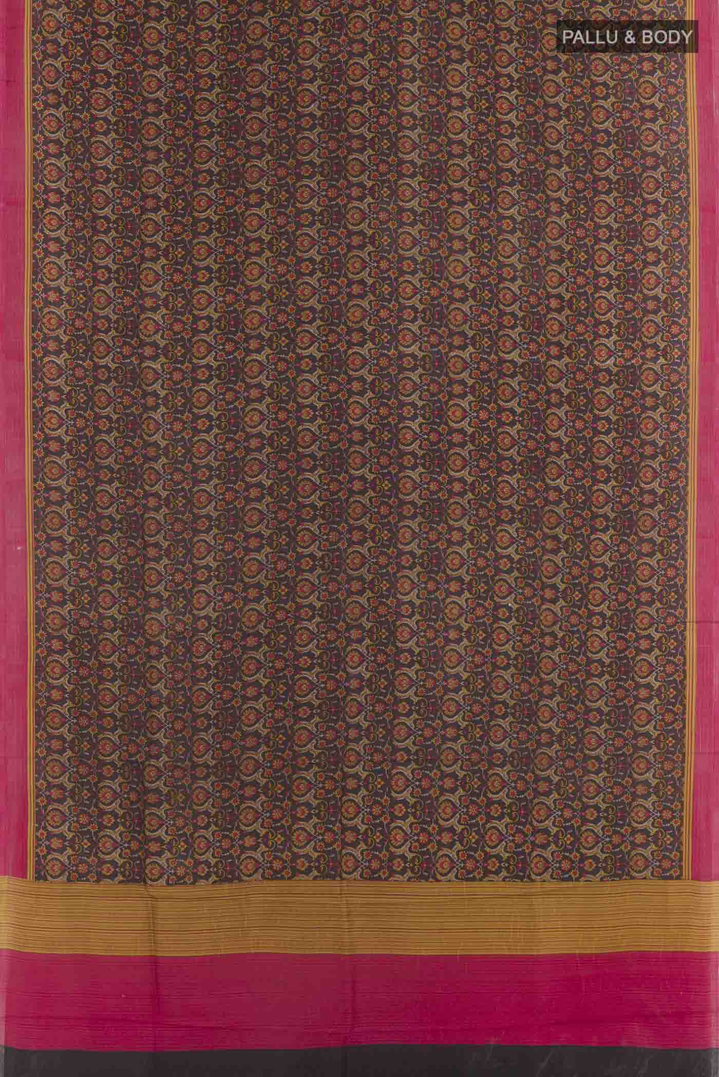 Flat view of Black Printed Silk Saree with Printed design on the body and Plain Border. 