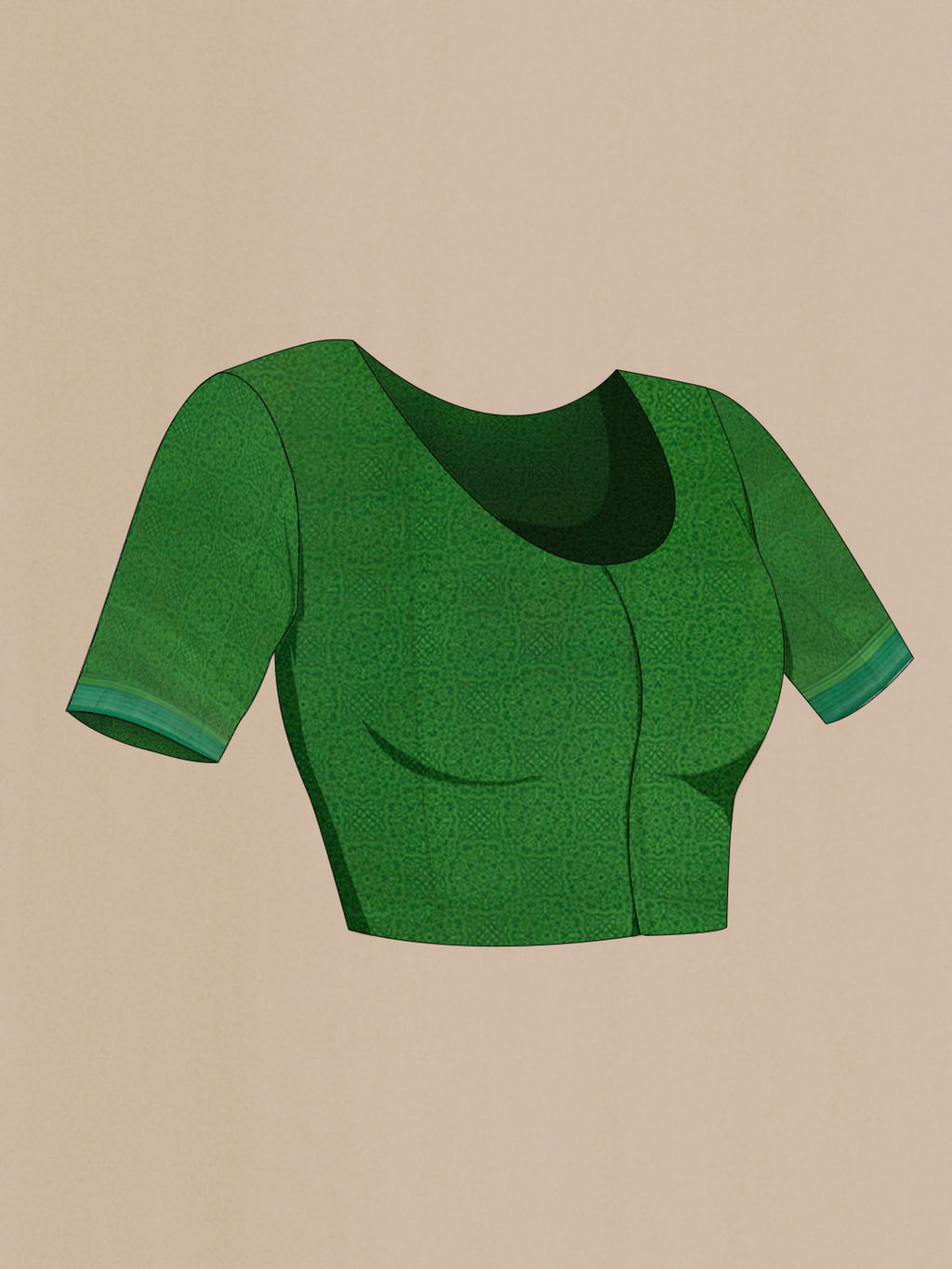 Close up image of the blouse of Green Printed Silk Saree with Printed design on the body and Plain Border. 