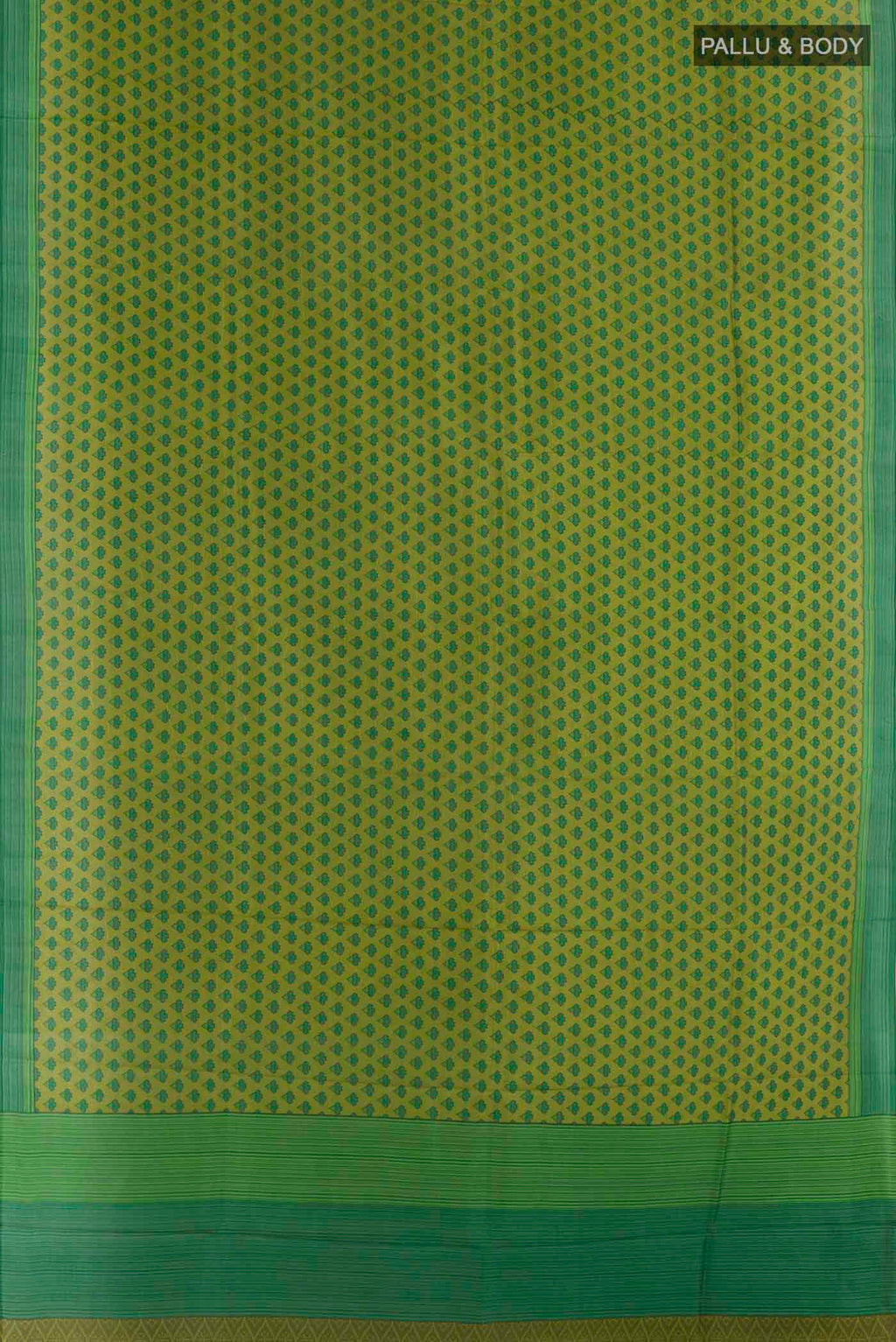 Flat view of Green Printed Silk Saree with Printed design on the body and Plain Border. 