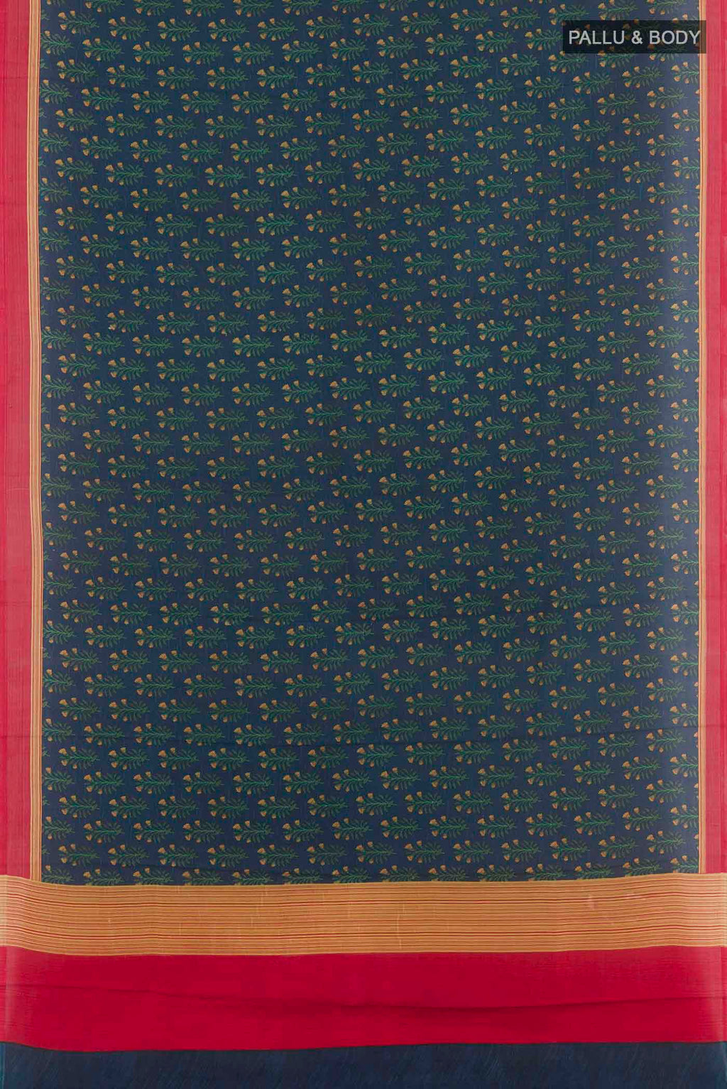 Flat view of Blue Printed Silk Saree with Printed design on the body and Printed Border. 