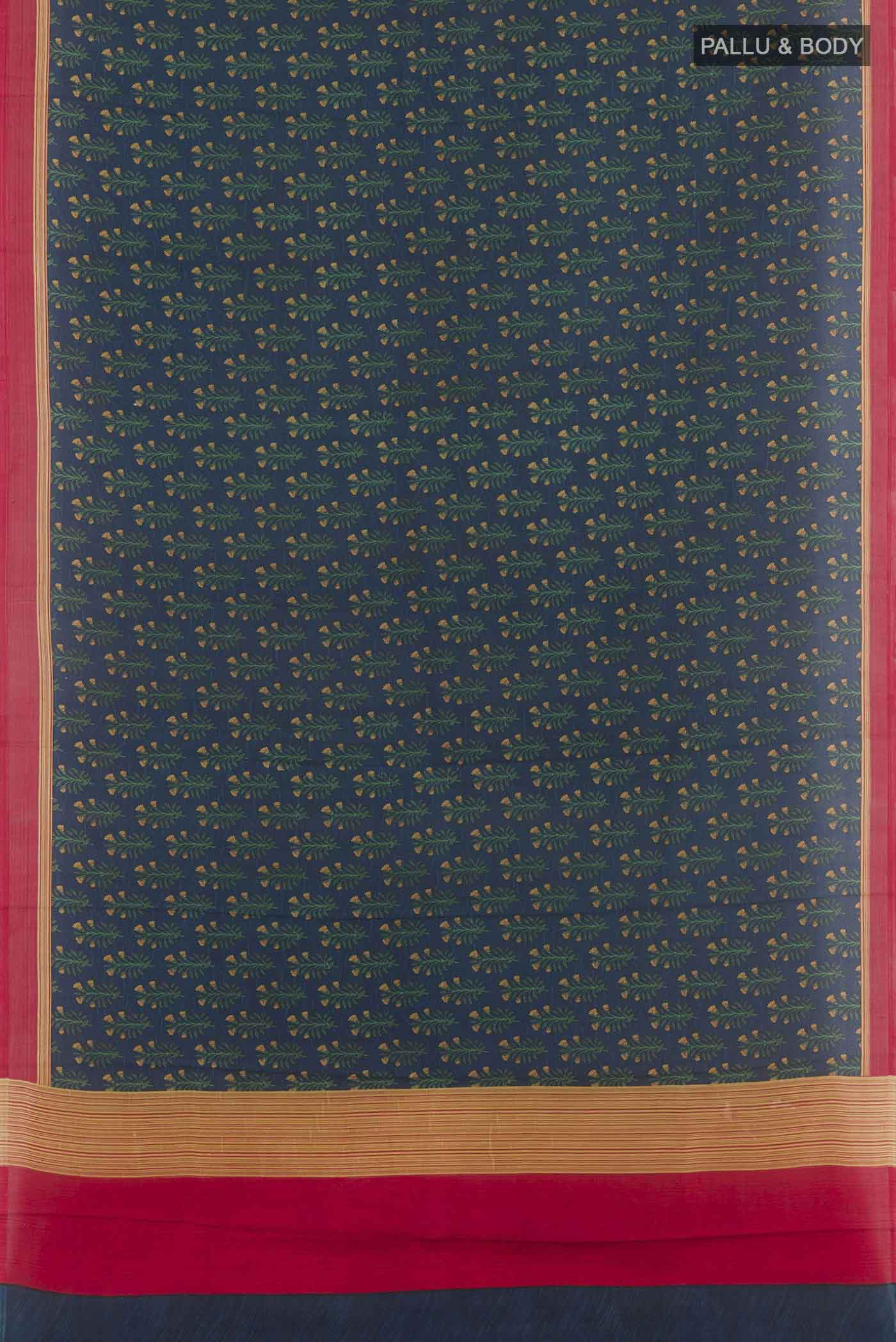 Flat view of Blue Printed Silk Saree with Printed design on the body and Printed Border. 