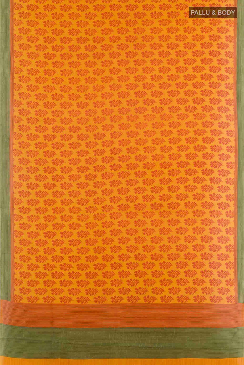 Flat view of Mustard Printed Silk Saree with Printed design on the body and Printed Border. 