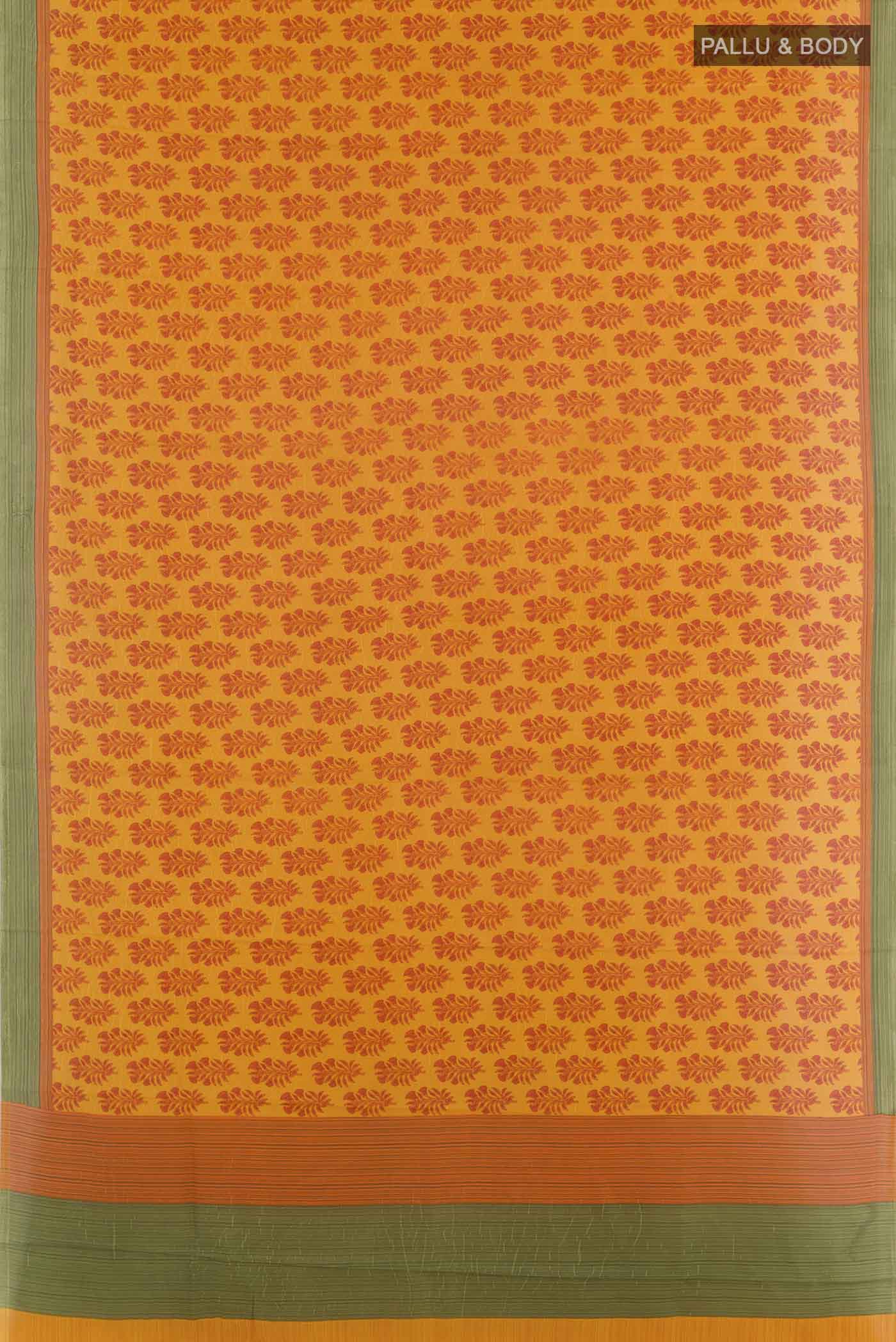 Flat view of Mustard Printed Silk Saree with Printed design on the body and Printed Border. 