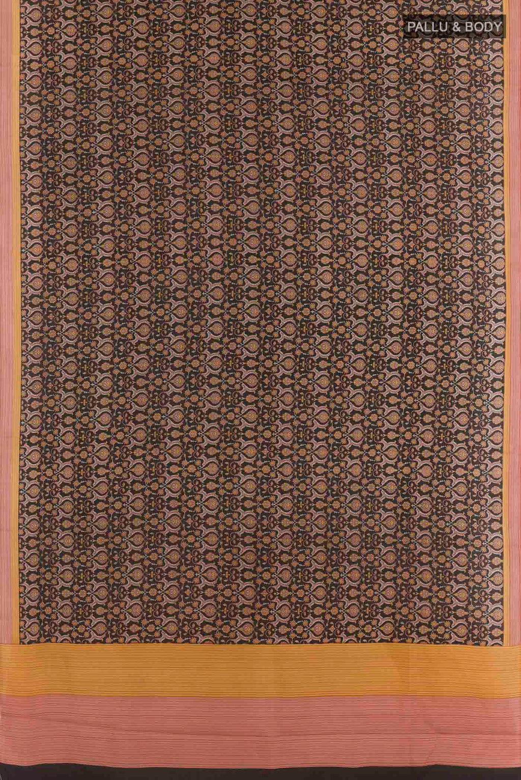 Flat view of Black Printed Silk Saree with Printed design on the body and Printed Border. 