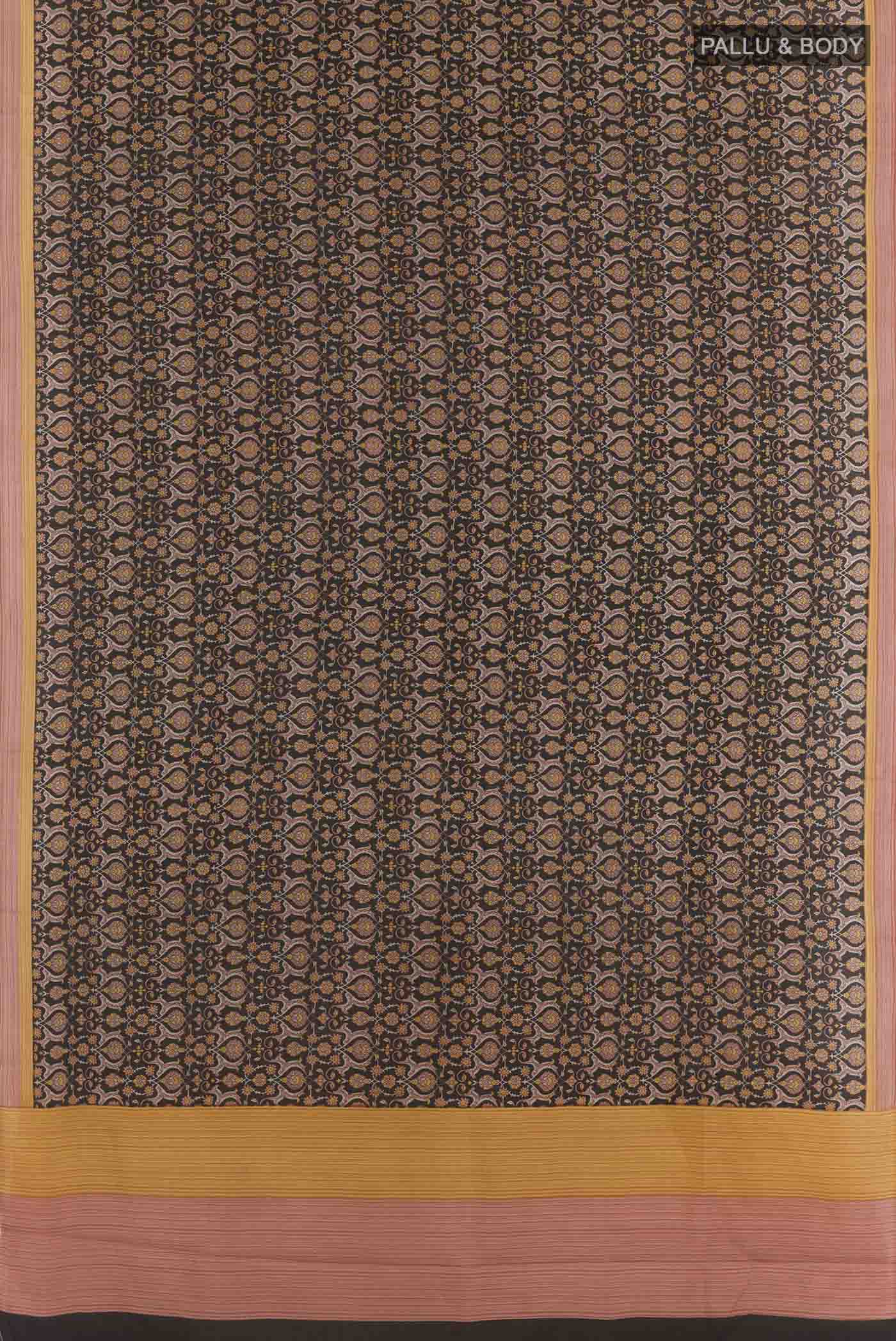 Flat view of Black Printed Silk Saree with Printed design on the body and Printed Border. 