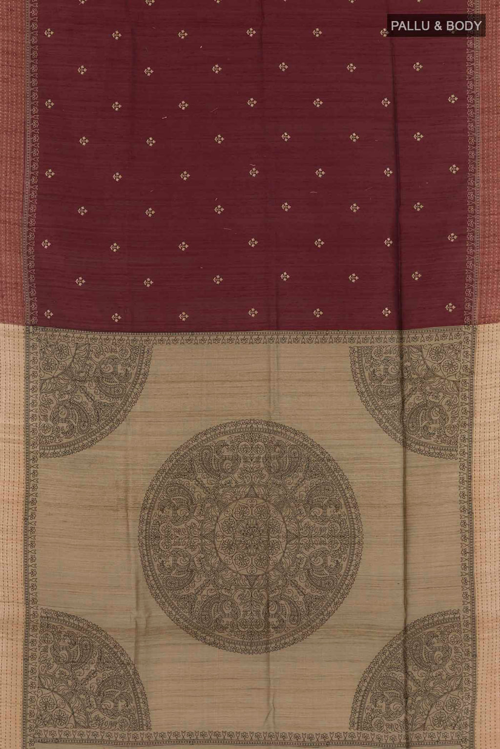 Flat view of Maroon Tussar Saree with Thread Butta on the body and Zari Border. 
