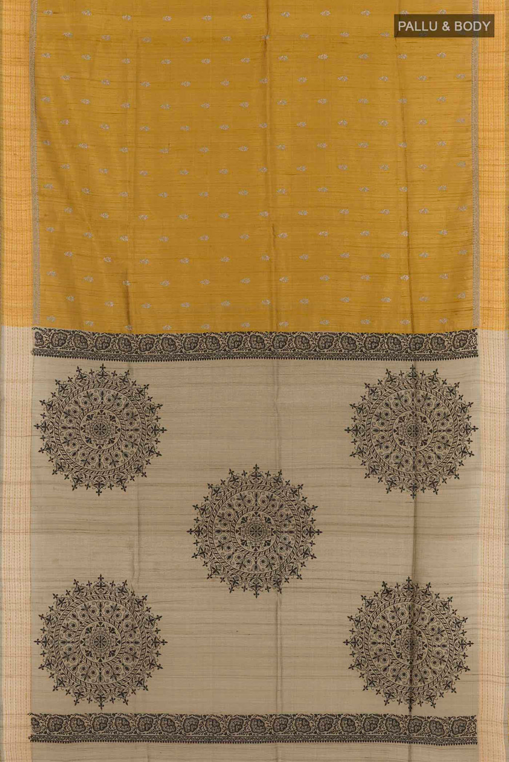 Flat view of Yellow Tussar Saree with Thread Butta on the body and Thread Border. 