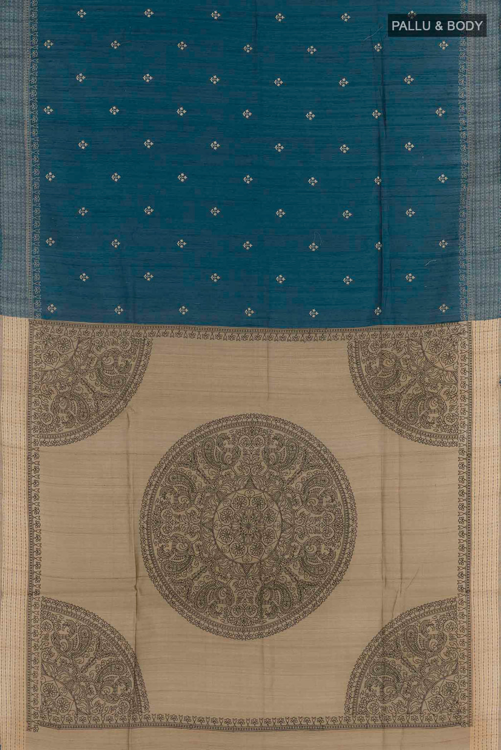 Flat view of Blue Tussar Saree with Thread Butta on the body and Temple Border. 