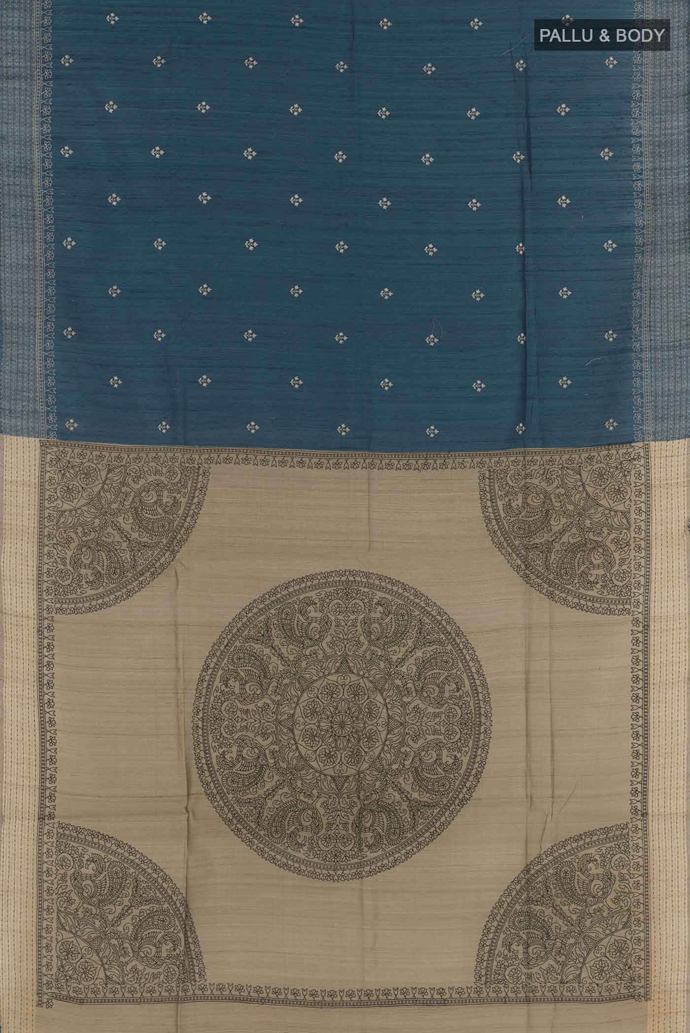 Flat view of Blue Tussar Saree with Thread Butta on the body and Temple Border. 