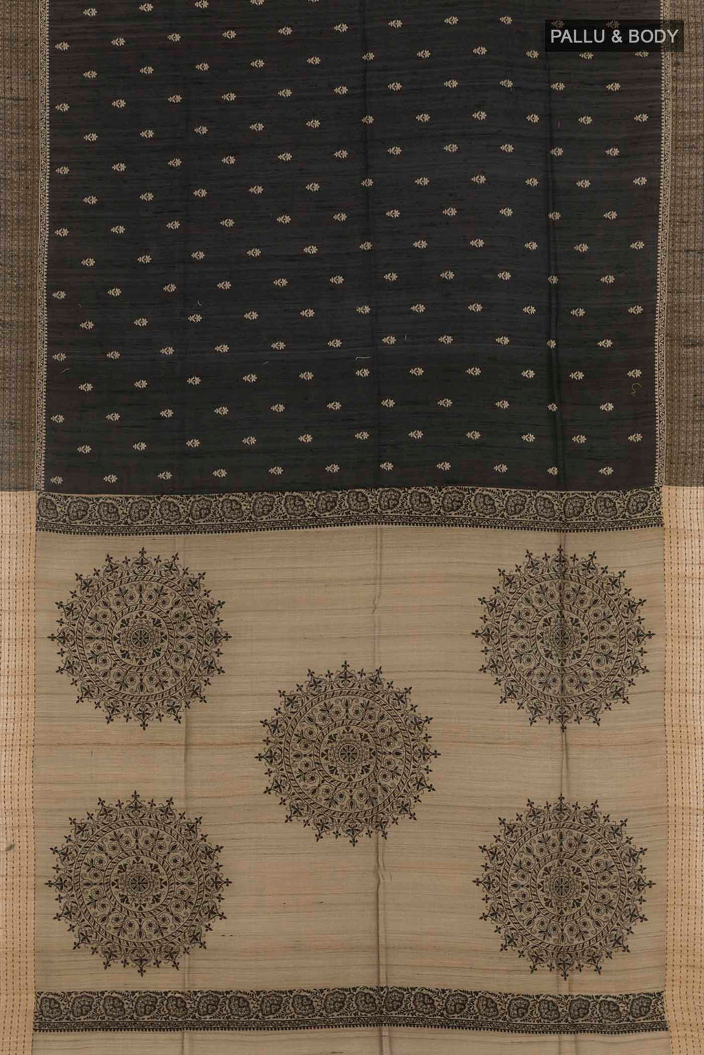 Flat view of Black Tussar Saree with Thread Butta on the body and Zari Border. 