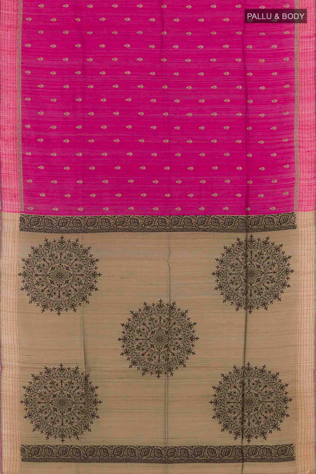 Flat view of Pink Tussar Saree with Thread Butta on the body and Thread Border. 