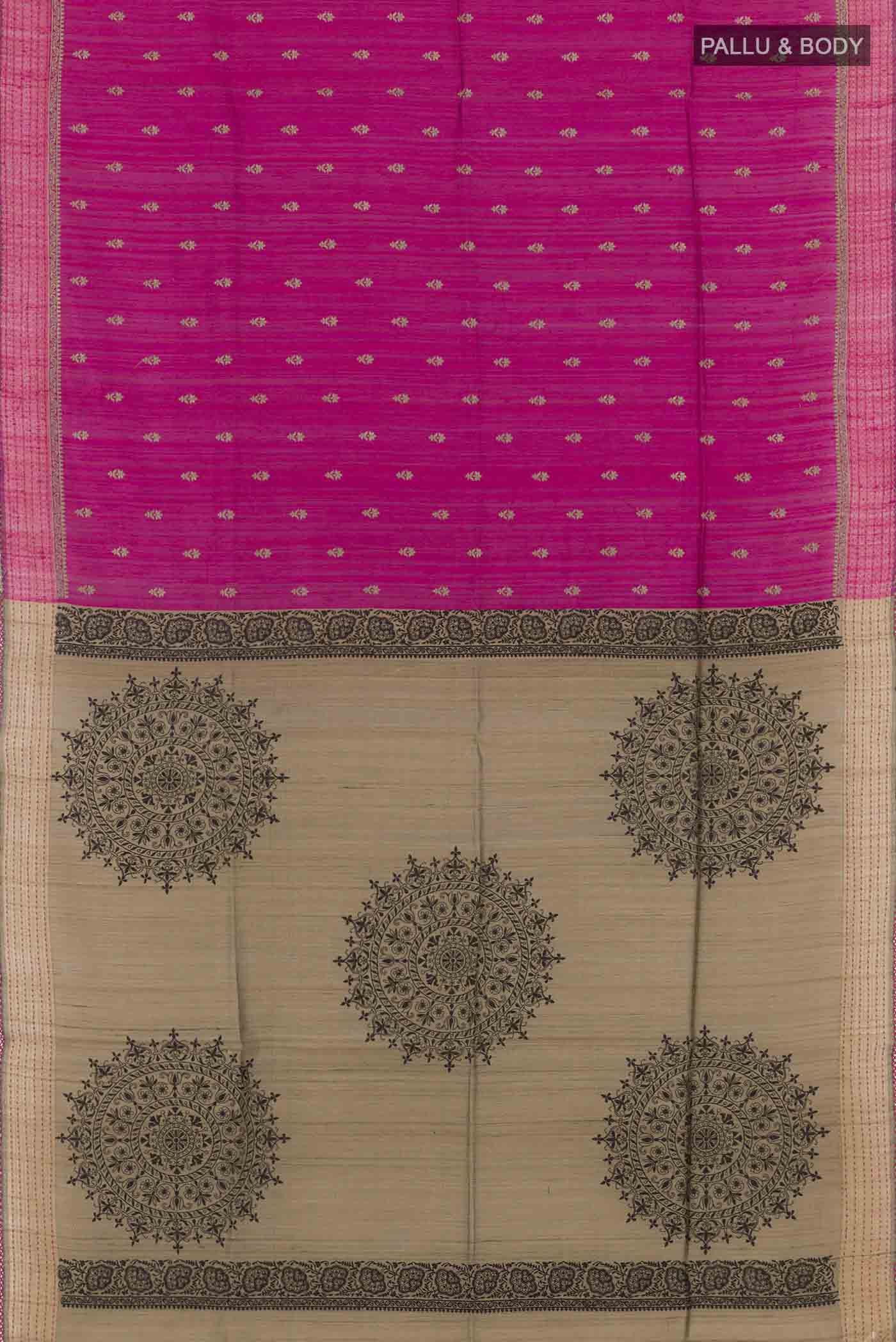 Flat view of Pink Tussar Saree with Thread Butta on the body and Thread Border. 