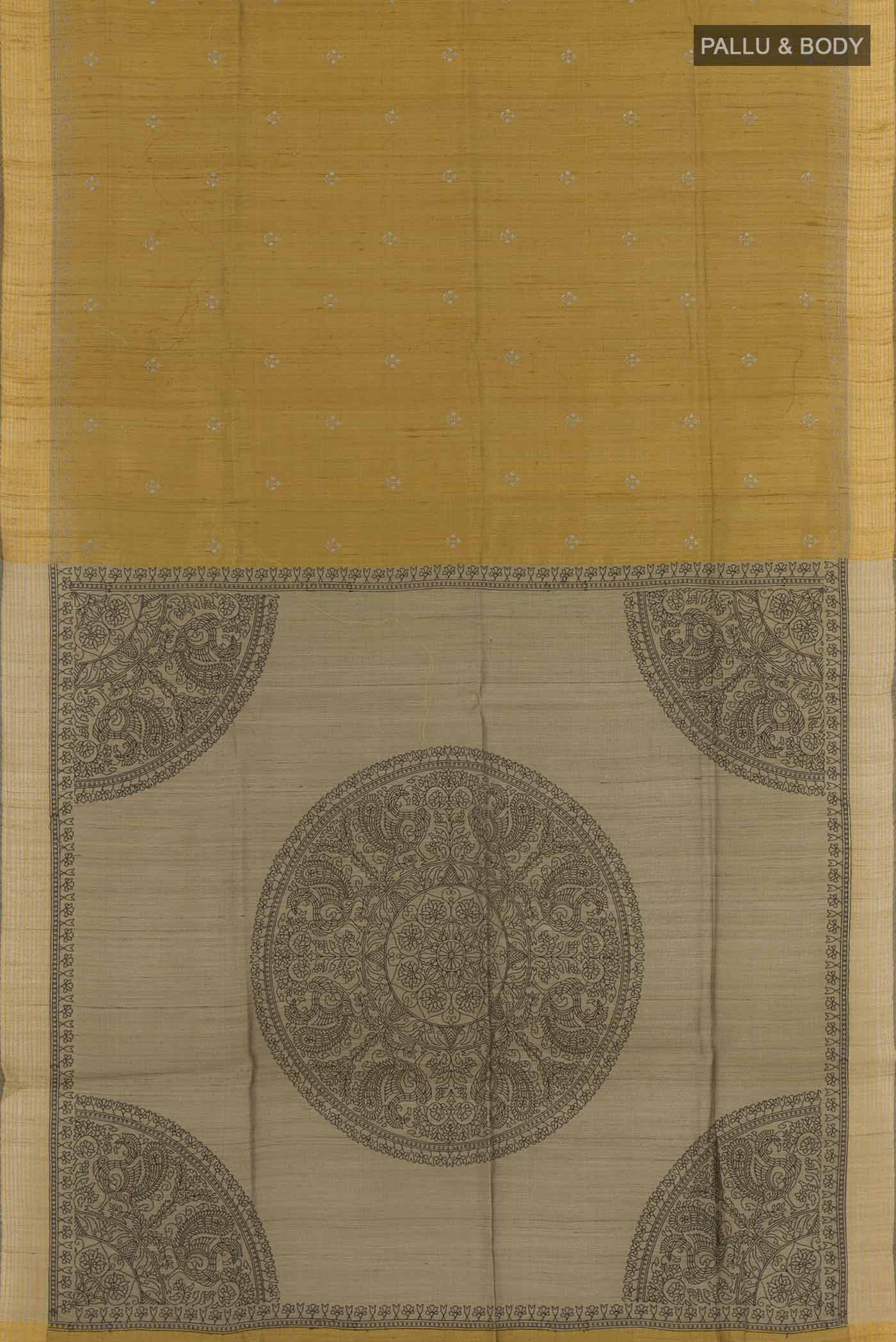 Flat view of Mustard Dual Tone Tussar Saree with Thread Butta on the body and Temple Border. 