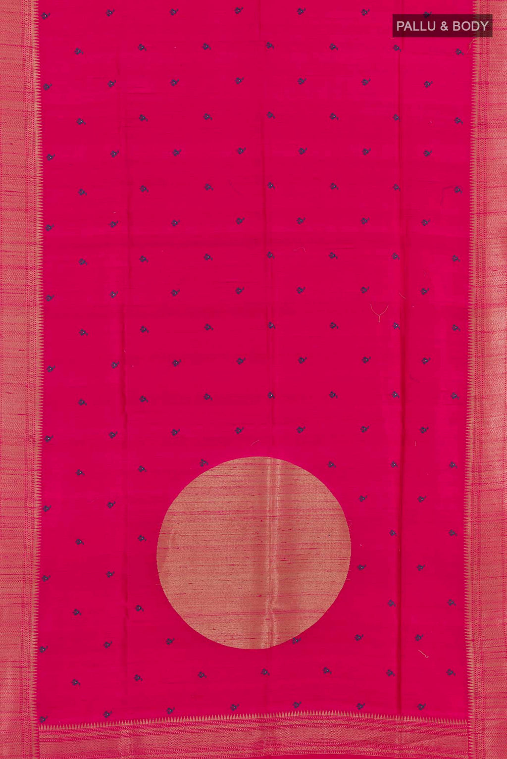 Flat view of Pink Tussar Saree with Thread Butta on the body and Zari Border. 