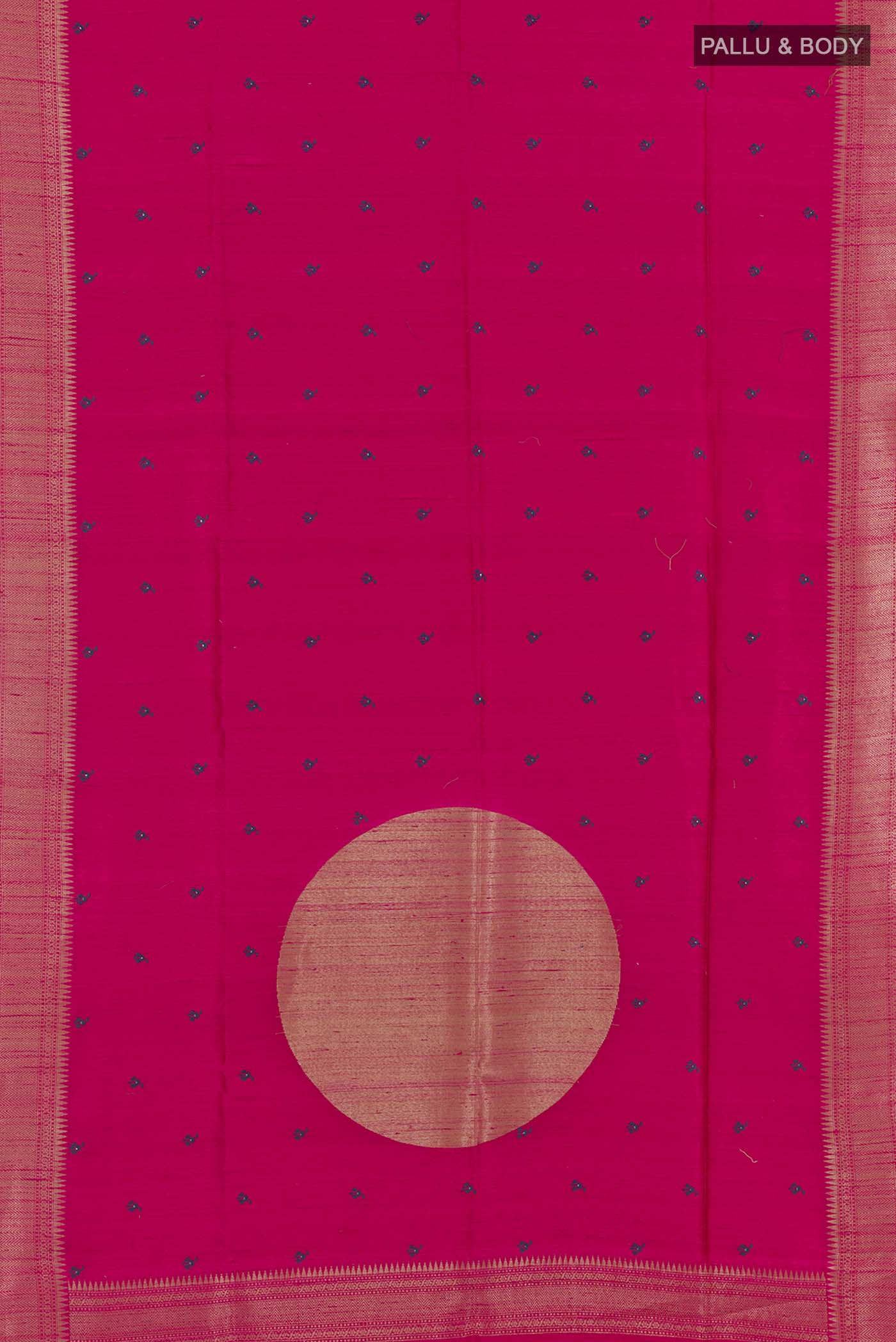 Flat view of Pink Tussar Saree with Thread Butta on the body and Zari Border. 