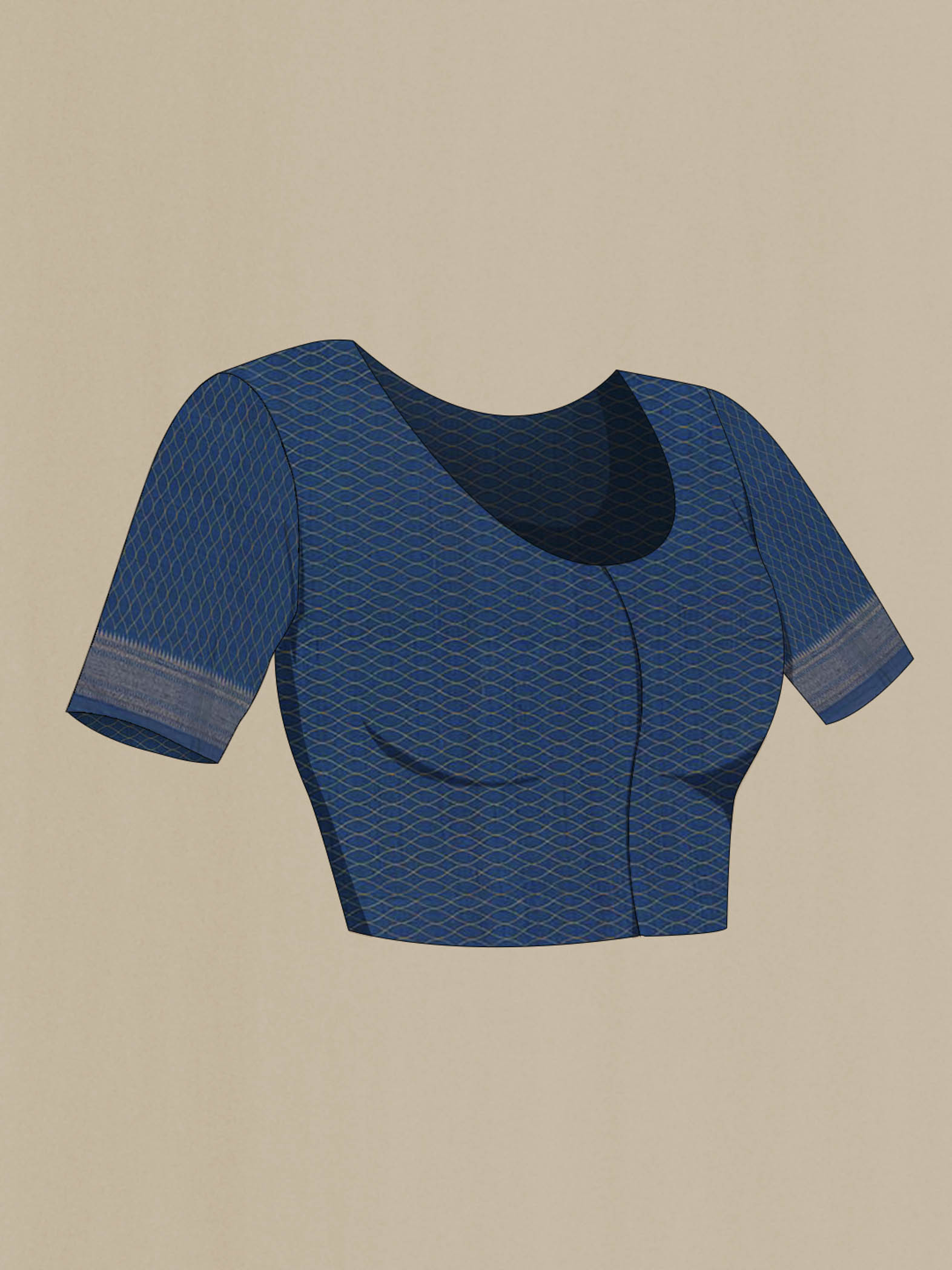 Close up image of the blouse of Blue Tussar Saree with Thread Butta on the body and Zari Border. 