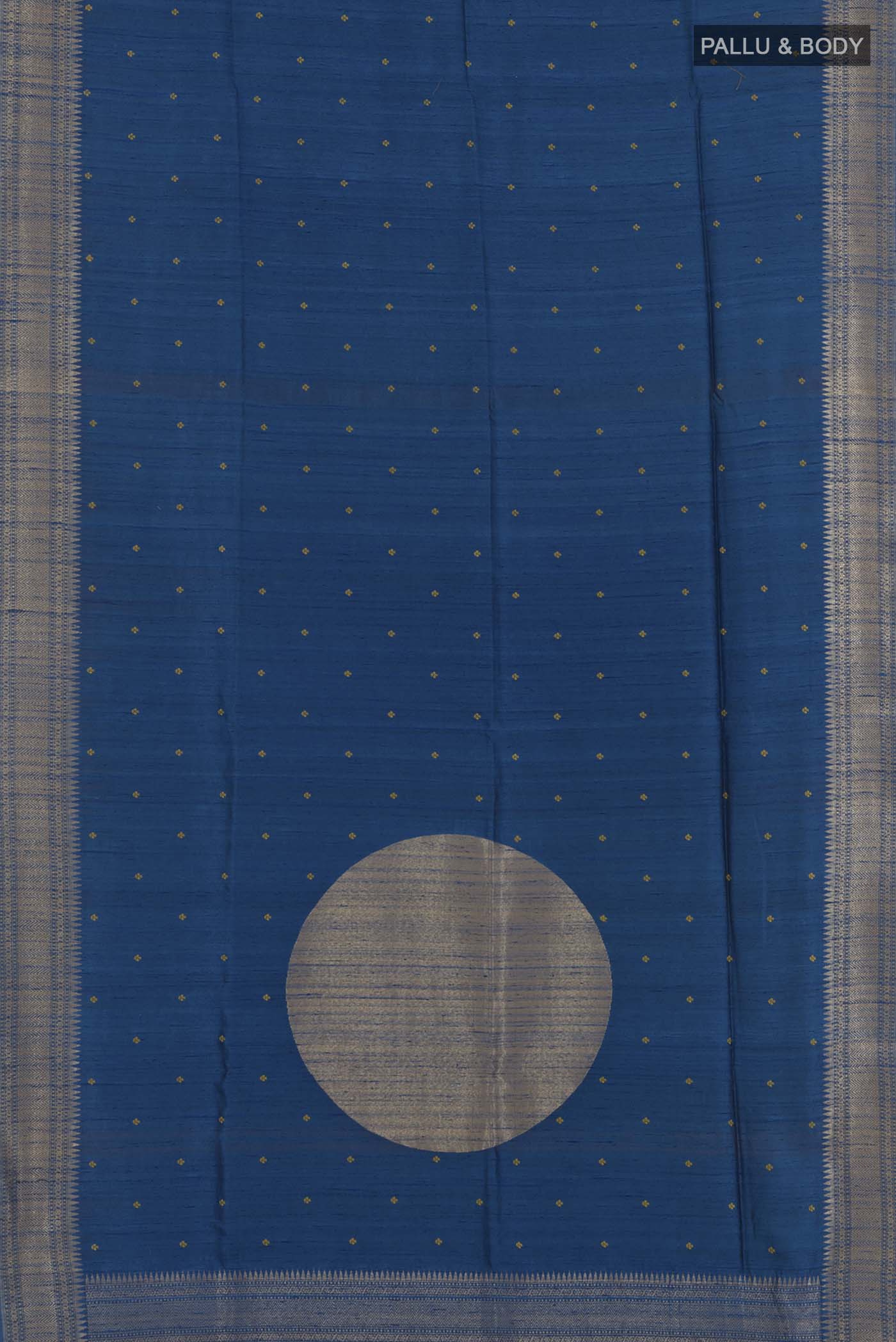 Flat view of Blue Tussar Saree with Thread Butta on the body and Zari Border. 