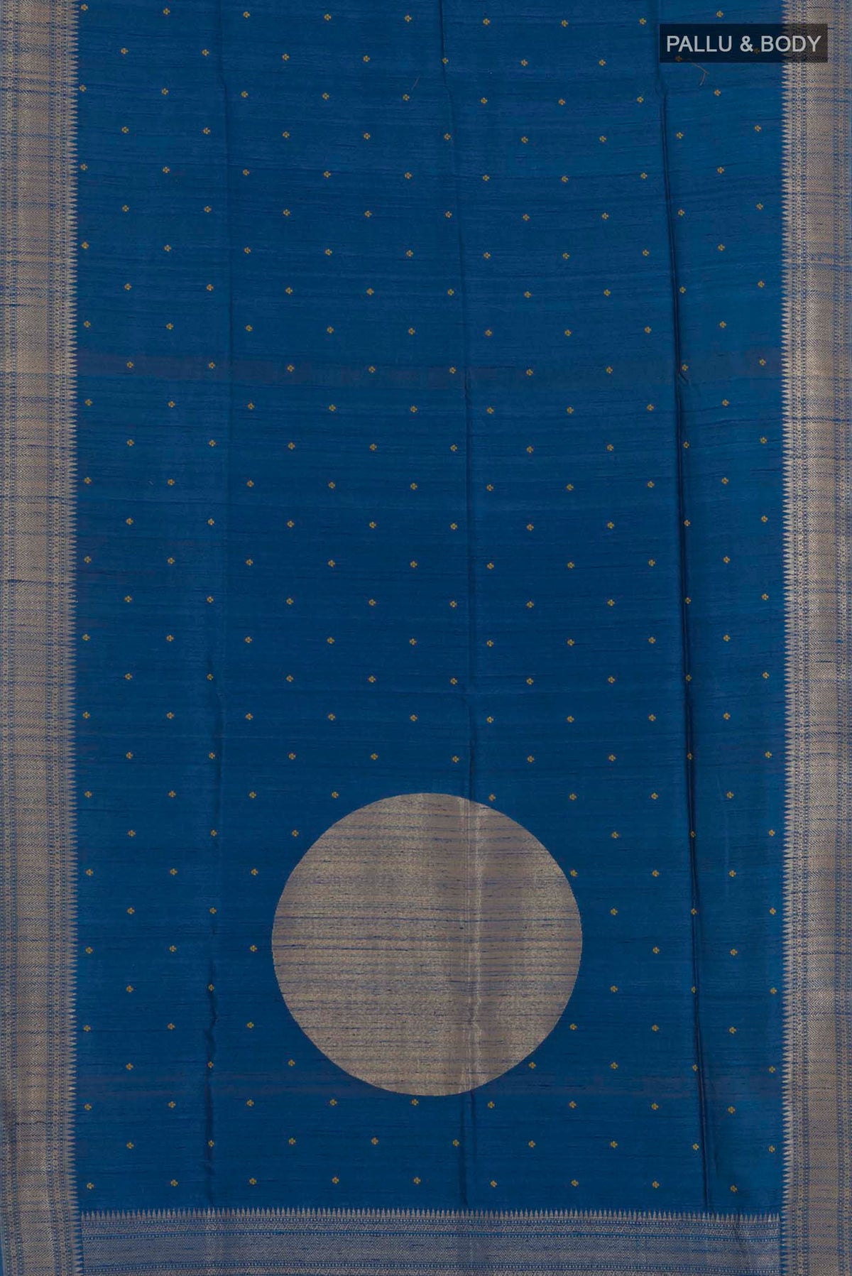 Flat view of Blue Tussar Saree with Thread Butta on the body and Zari Border. 