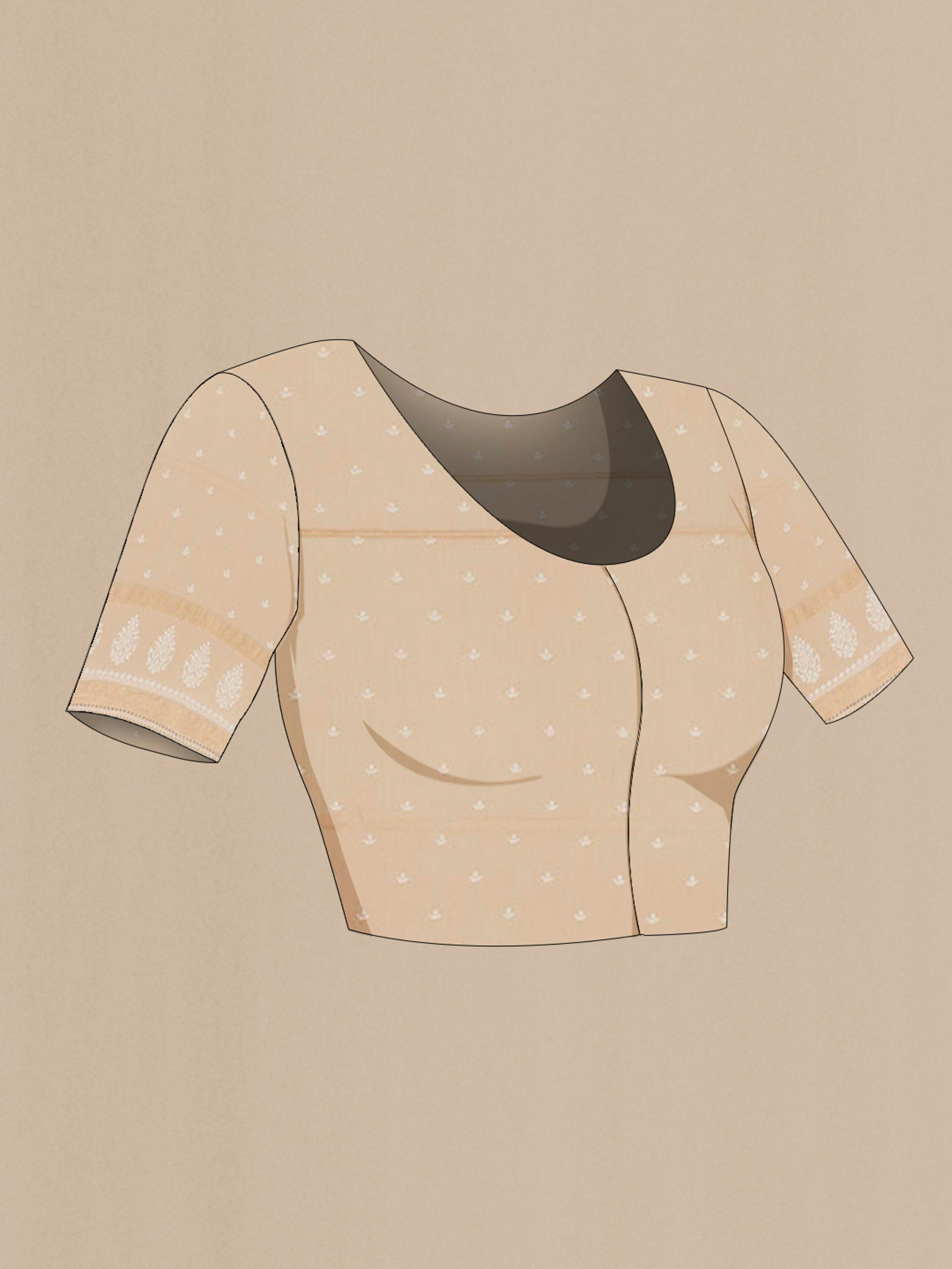 Close up image of the blouse of Brown Tussar Saree with Stripes on the body and Embroidery Border. 