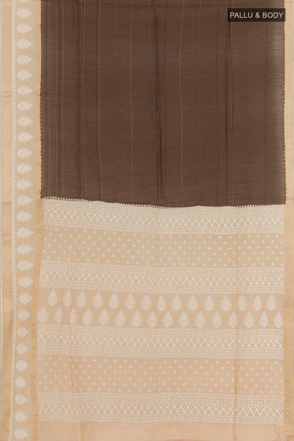 Flat view of Brown Tussar Saree with Stripes on the body and Embroidery Border. 