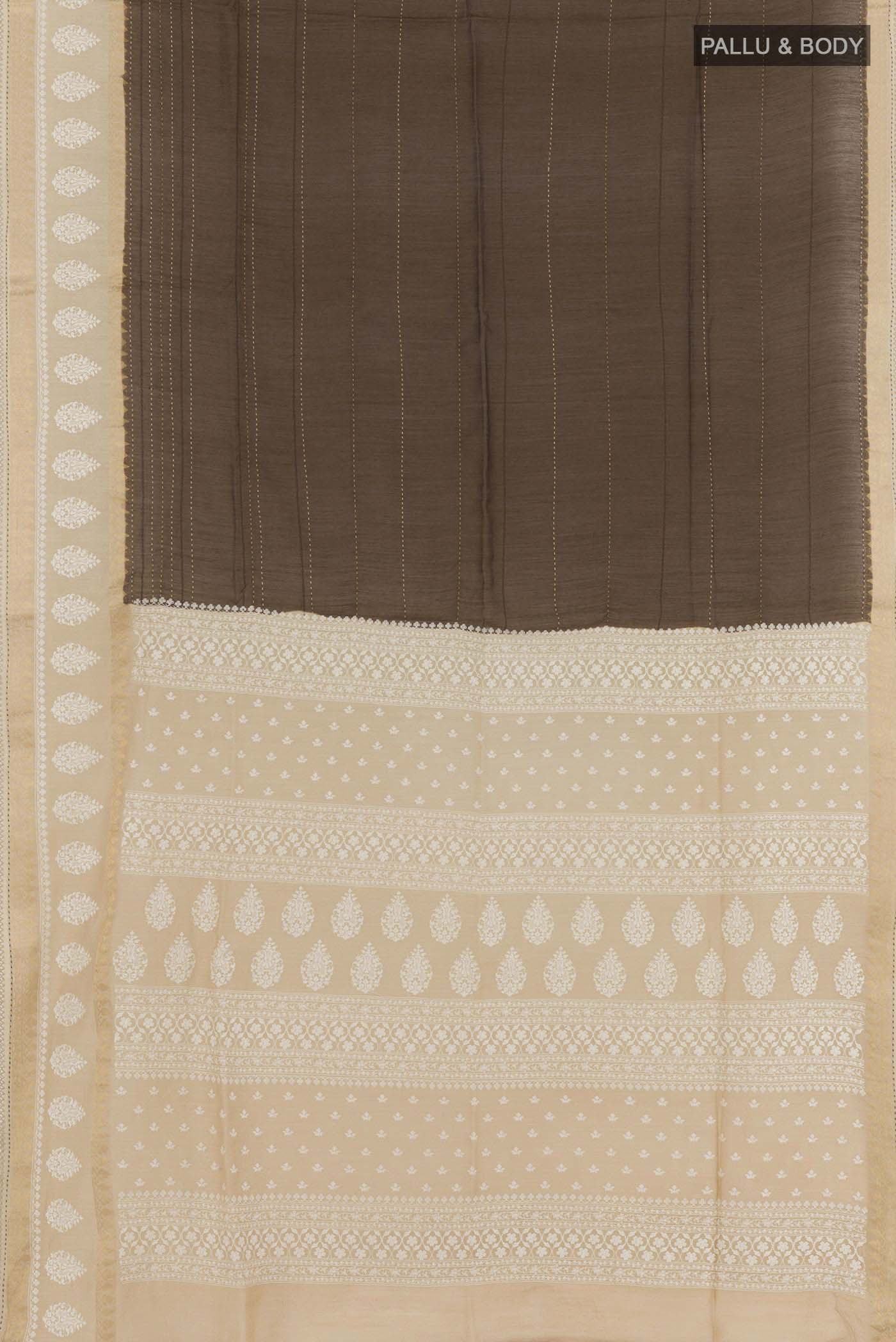 Flat view of Brown Tussar Saree with Stripes on the body and Embroidery Border. 