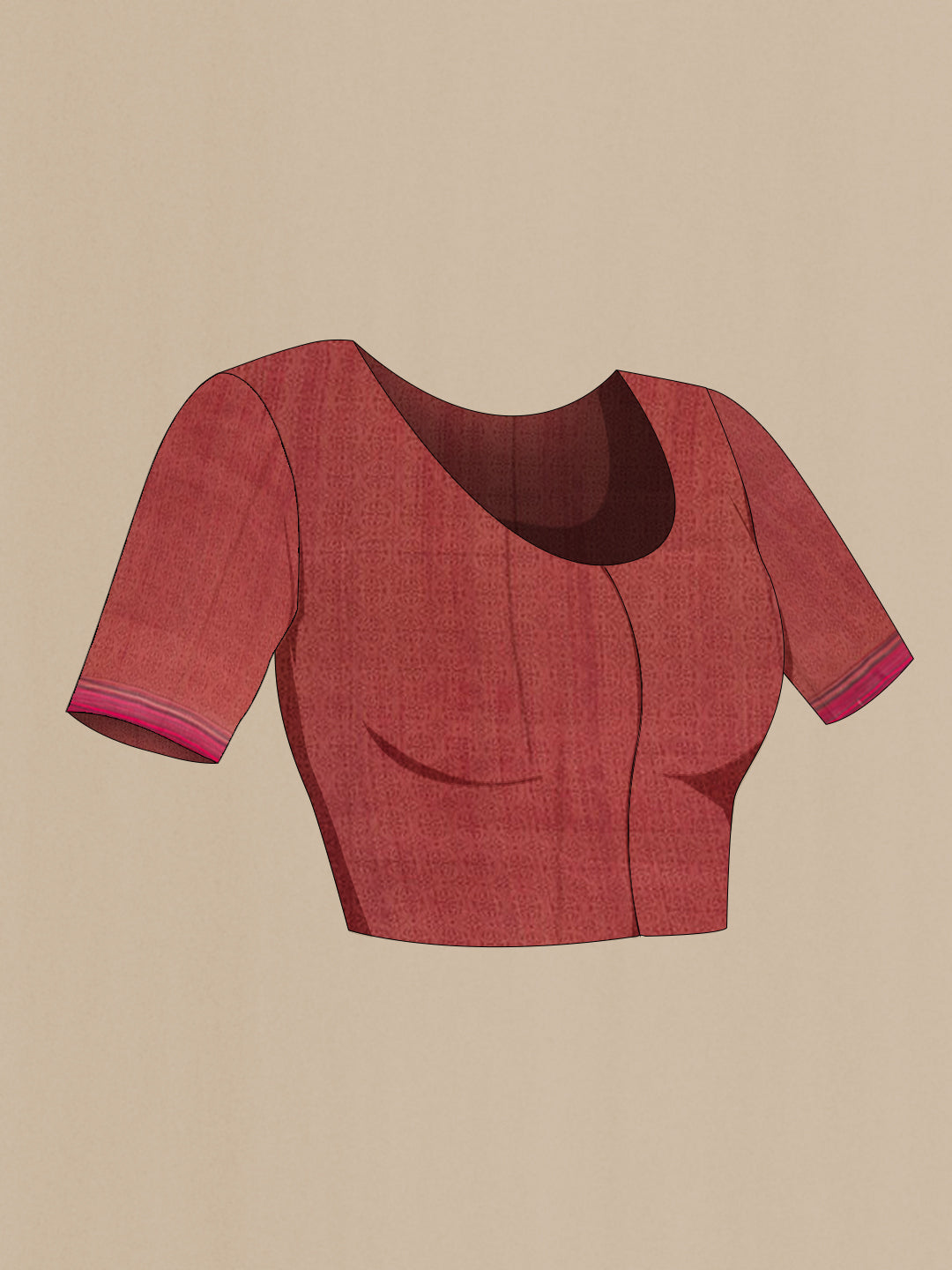 Close up image of the blouse of Pink Printed Silk Saree with Printed design on the body and Printed Border. 