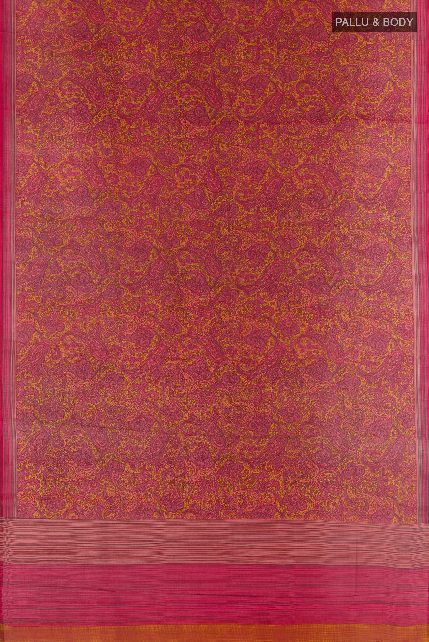 Flat view of Pink Printed Silk Saree with Printed design on the body and Printed Border. 